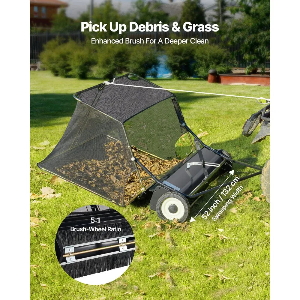 VEVOR 52" Tow Behind Lawn Sweeper, 26 cu.ft Large Capacity Leaf & Grass Collector with Adjustable Height