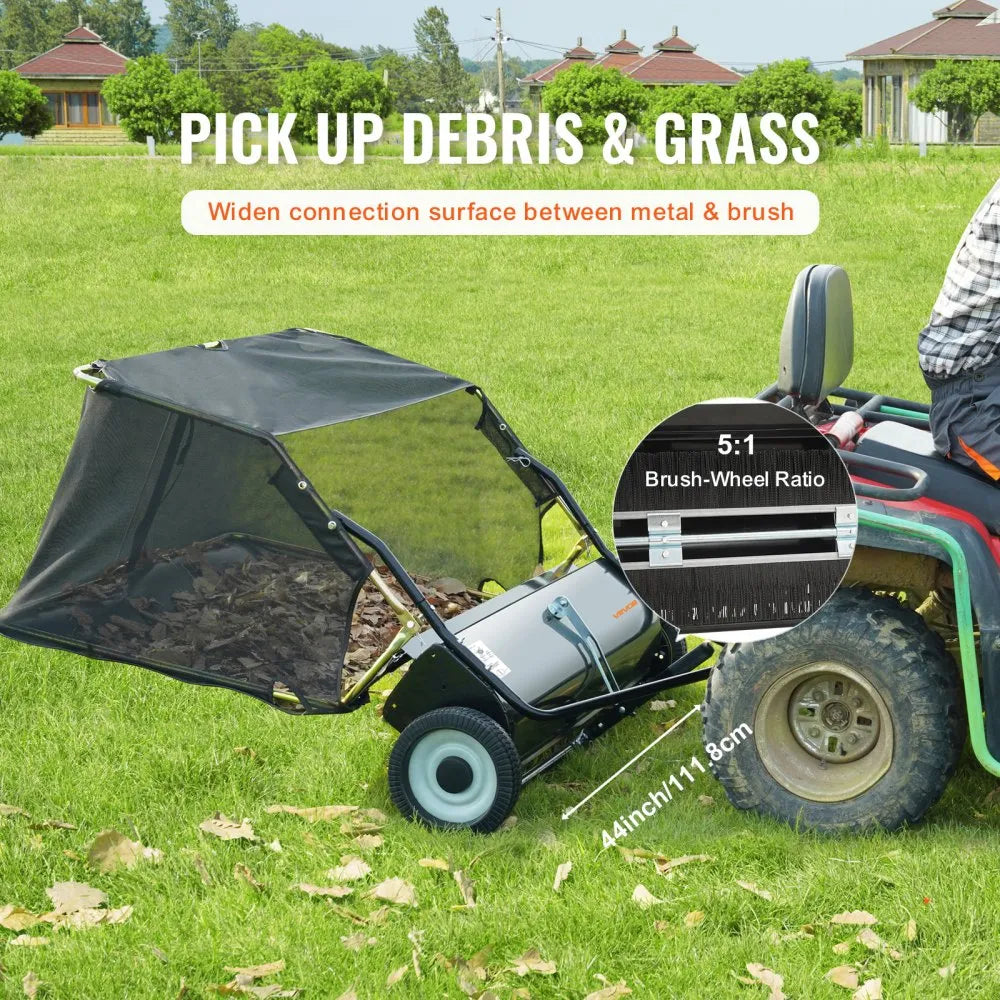 VEVOR 44" Tow Behind Lawn Sweeper, 25 cu.ft Large Capacity Leaf & Grass Collector with Adjustable Height