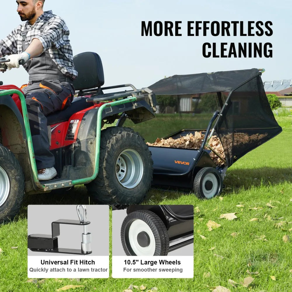 VEVOR 44" Tow Behind Lawn Sweeper, 25 cu.ft Large Capacity Leaf & Grass Collector with Adjustable Height