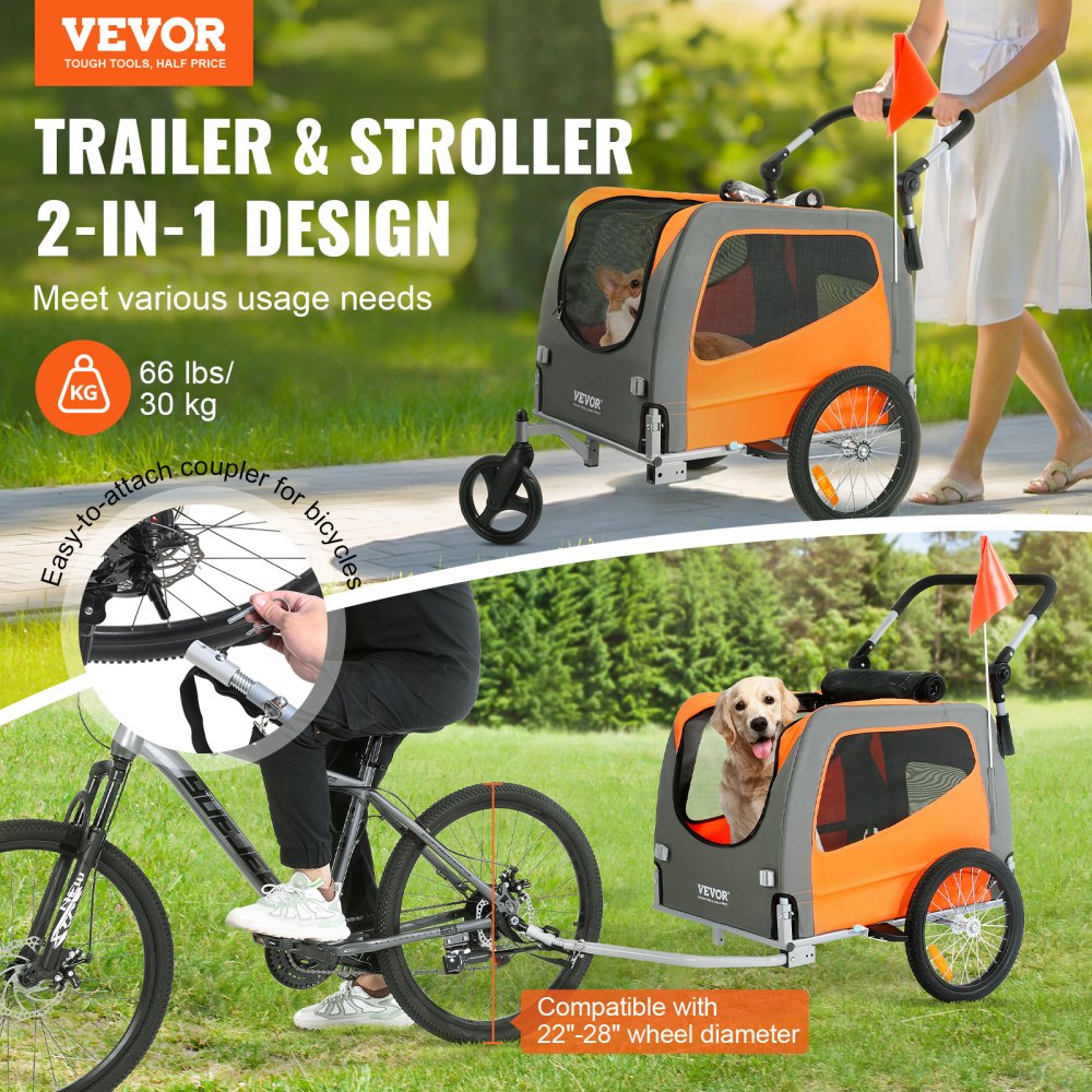 VEVOR Dog Bike Trailer, Supports up to 66 lbs, 2-in-1 Pet Stroller Cart Bicycle Carrier, Easy Folding Cart Frame with Quick Release Wheels, Universal Bicycle Coupler, Reflectors, Flag, Orange/Gray
