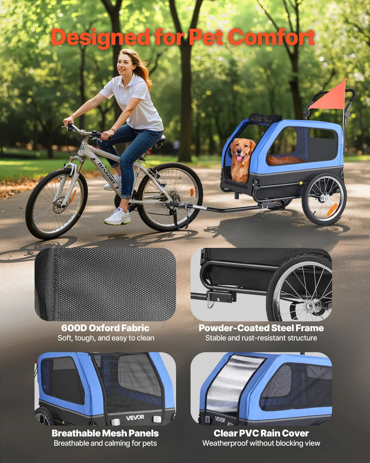 VEVOR Dog Bike Trailer, Supports up to 88 lbs, 2-in-1 Pet Stroller Cart Bicycle Carrier for Small & Large Dogs, Easy Folding Frame with Quick Release Wheel, Universal Bicycle Coupler, Internal Leash