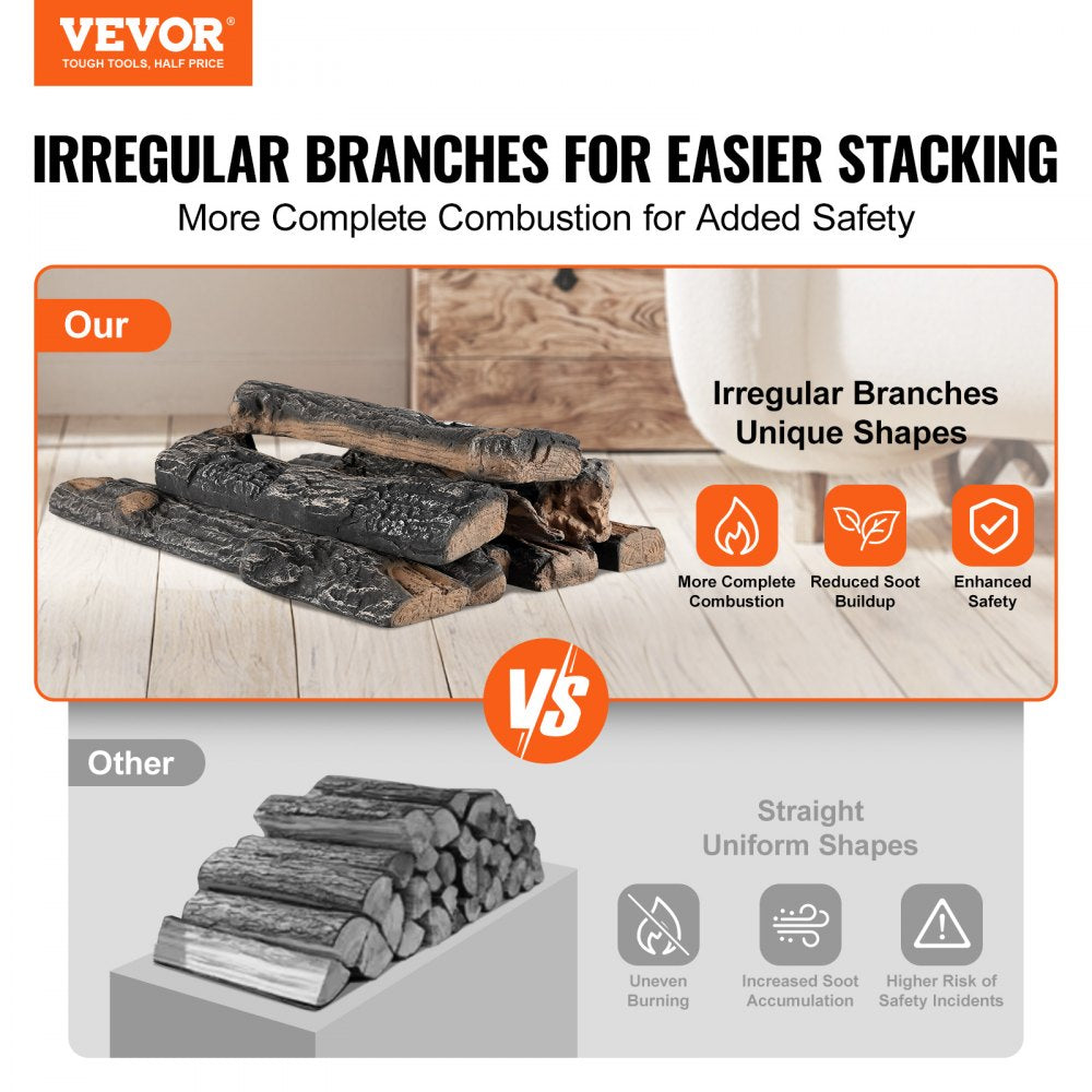 VEVOR 8 Pcs Oak Logs, Gas Fireplace Ceramic Logs for Fire place, Heat-Resistant Wood Log Gas Realistic Logs, Stackable Wood Branches for Gas Fireplace, Firebowl Indoor or Outdoor
