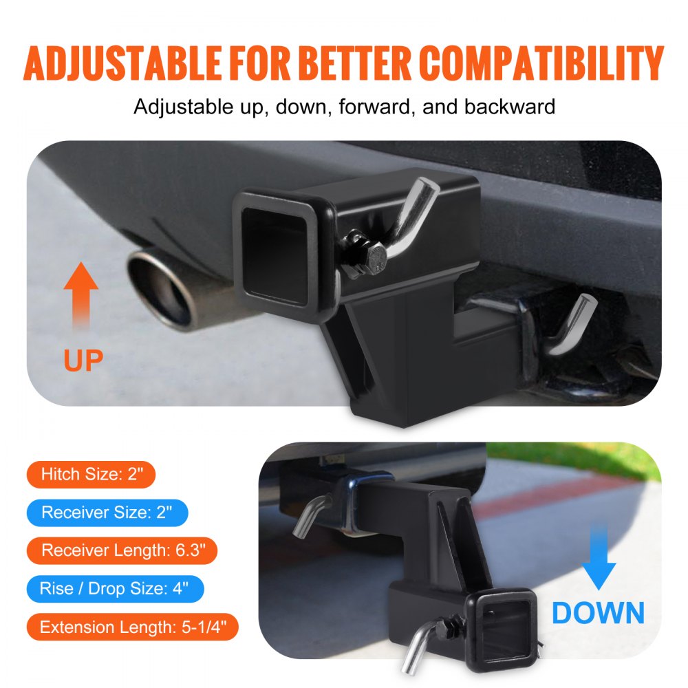 VEVOR Trailer Hitch Riser, for 2" Receiver with 4" Rise/Drop, Trailer Receiver Hitch Extender Extension Adapter, 5-1/4" and 6-3/4" Extension Length, 4000 lbs Towing Capacity, Hitch Pin Included, Black