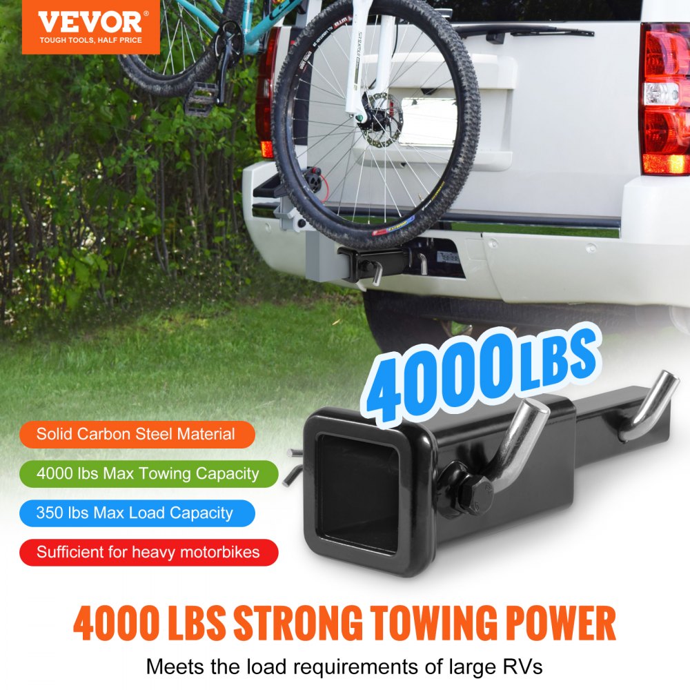 VEVOR Trailer Hitch Extender, 1-1/4" to 2" Receiver Hitch Adapter, Trailer Hitch Extension Tube Extender, 6" Extension Length, 4000 lbs Towing Capacity, Hitch Pins, Clips, Bolt and Nut Included, Black
