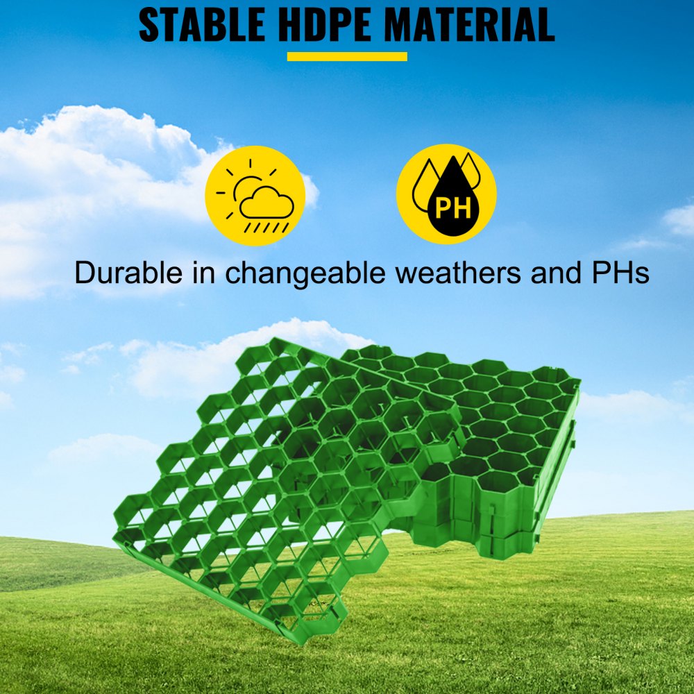 VEVOR Permeable Pavers 1.9" Depth Gravel Driveway Grid Flat-interlocked Grass Pavers HDPE Green Plastic Shed Base for Landscaping and Soil Reinforcement in Parking Lots/Fire Lanes (Pack of 4-11 Sf)