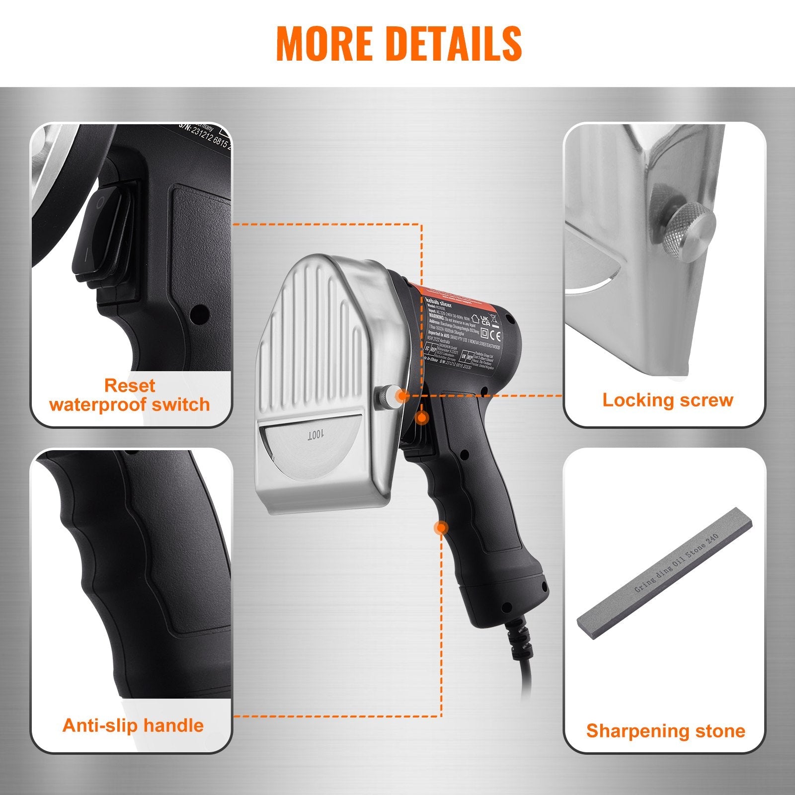 VEVOR Electric Shawarma Knife, 80W Professional Turkish Kebab Knife, Commercial Stainless Steel Gyro Cutter, Doner Kebab Meat Slicer with 2 Blades, ?4"/100mm Blade Diameter, 0-8mm Adjustable Thickness