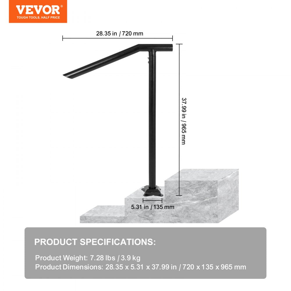 VEVOR 1-3 Step Handrail, Black Steel Railing for Steps 330LBS Capacity Stair Handrail  Baking Varnish Metal Handrail for Stairs Stylish Handrails for Outdoor Steps with Expansion Bolts & Drill Bit