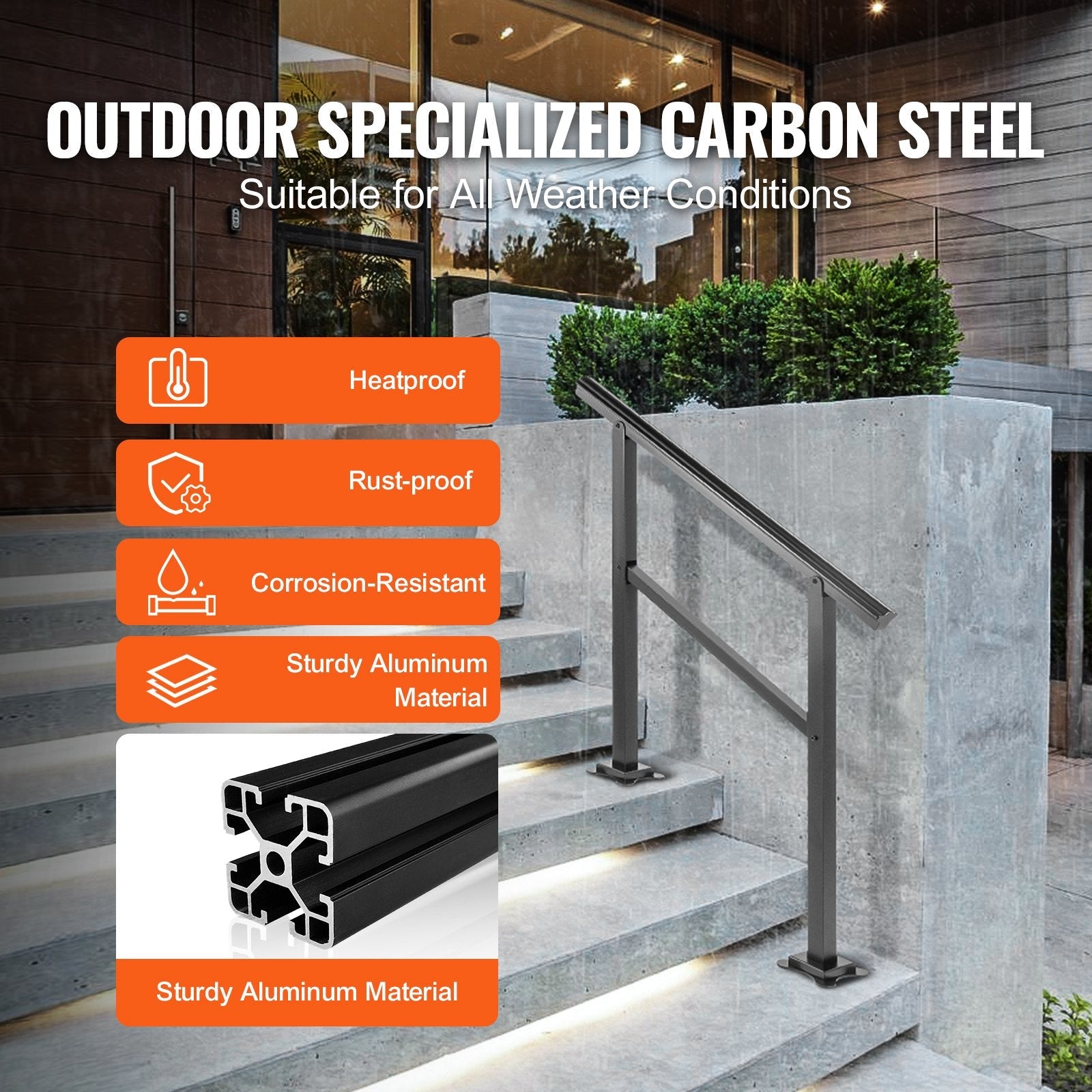 VEVOR Outdoor Handrail 165LBS Load Handrail Outdoor Stairs Aluminum Stair Handrail 36 x 35" Outdoor Stair Railing Transitional Range from 0 to 50° Staircase Handrail Fits 2-3 Steps with Screw Kit