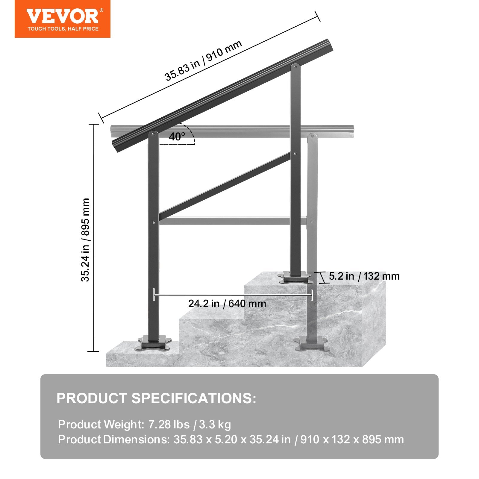 VEVOR Outdoor Handrail 165LBS Load Handrail Outdoor Stairs Aluminum Stair Handrail 36 x 35" Outdoor Stair Railing Transitional Range from 0 to 50° Staircase Handrail Fits 2-3 Steps with Screw Kit