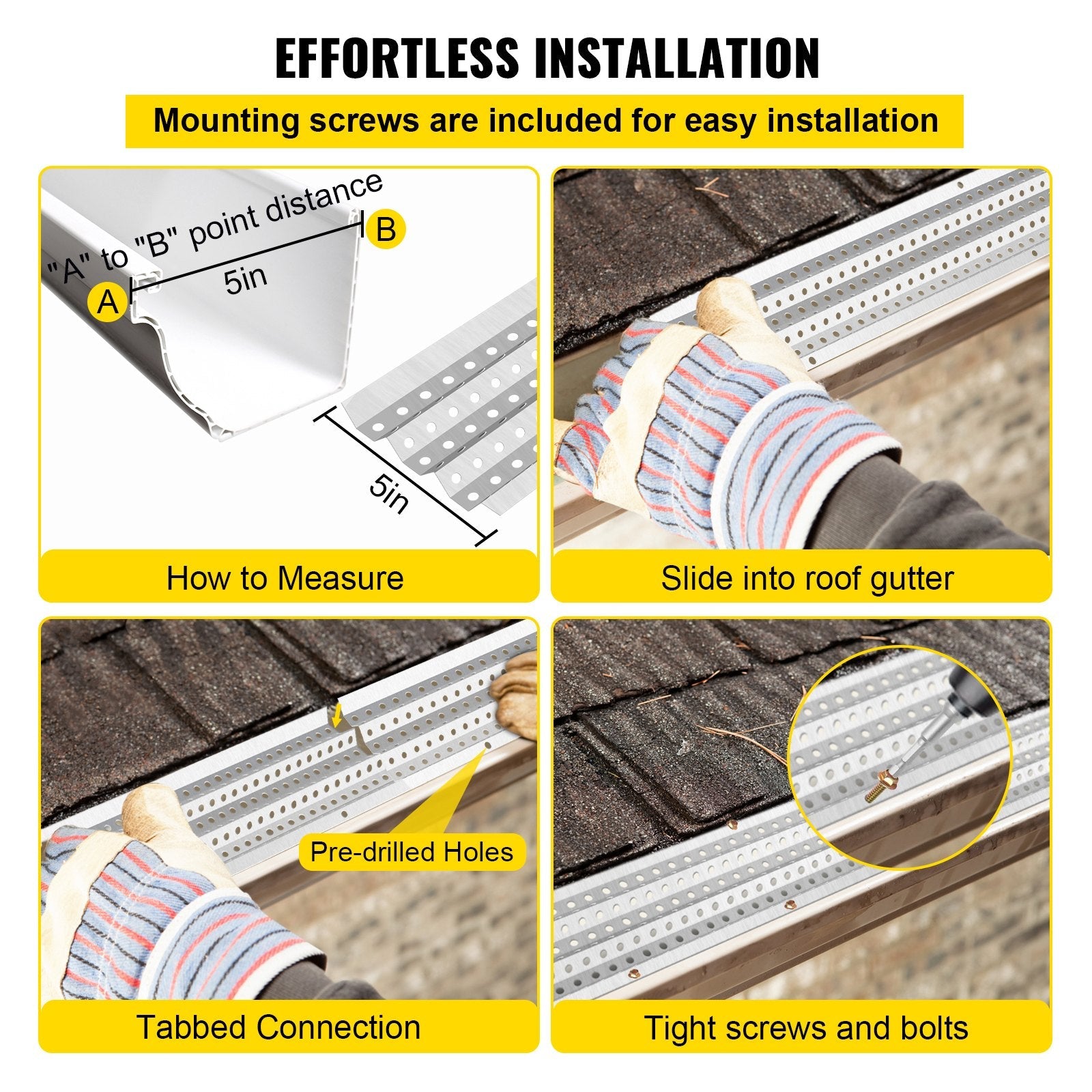 VEVOR Gutter Guards, 5" x 3' Each Gutter Covers System, 69 Packs 207 FT Leaf Gutter Guards, Mill Finish Aluminum Guards for Gutter, DIY Length Cut Gutter Covers for Roofs of Wood, Mental, Shingle