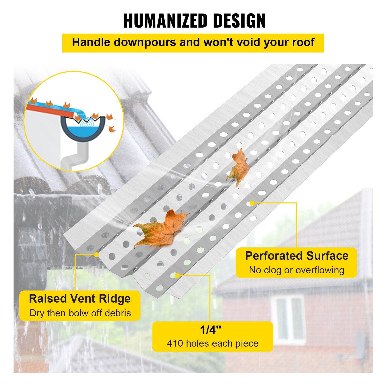VEVOR Gutter Guards, 5" x 3' Each Gutter Covers System, 69 Packs 207 FT Leaf Gutter Guards, Mill Finish Aluminum Guards for Gutter, DIY Length Cut Gutter Covers for Roofs of Wood, Mental, Shingle