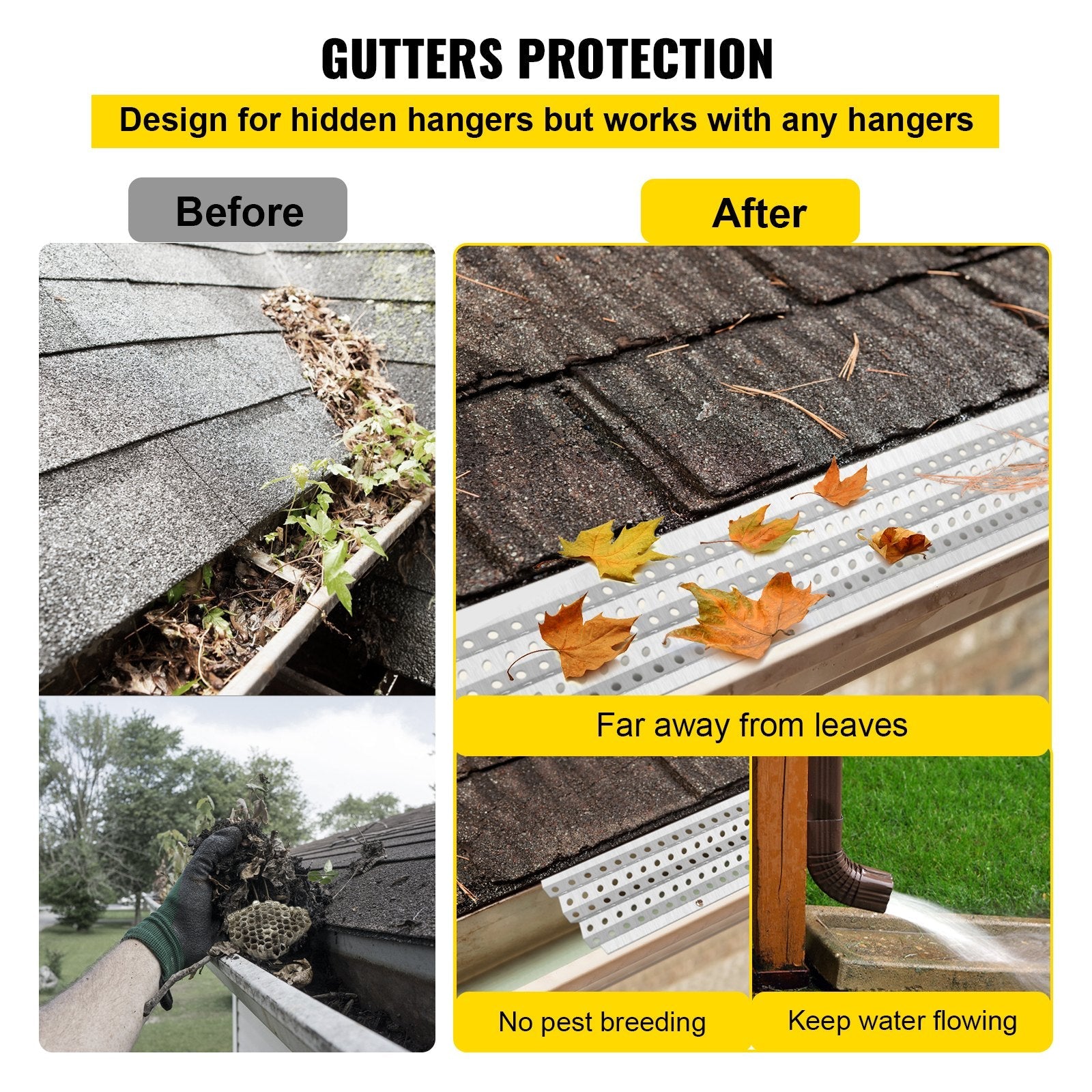 VEVOR Gutter Guards, 5" x 3' Each Gutter Covers System, 69 Packs 207 FT Leaf Gutter Guards, Mill Finish Aluminum Guards for Gutter, DIY Length Cut Gutter Covers for Roofs of Wood, Mental, Shingle