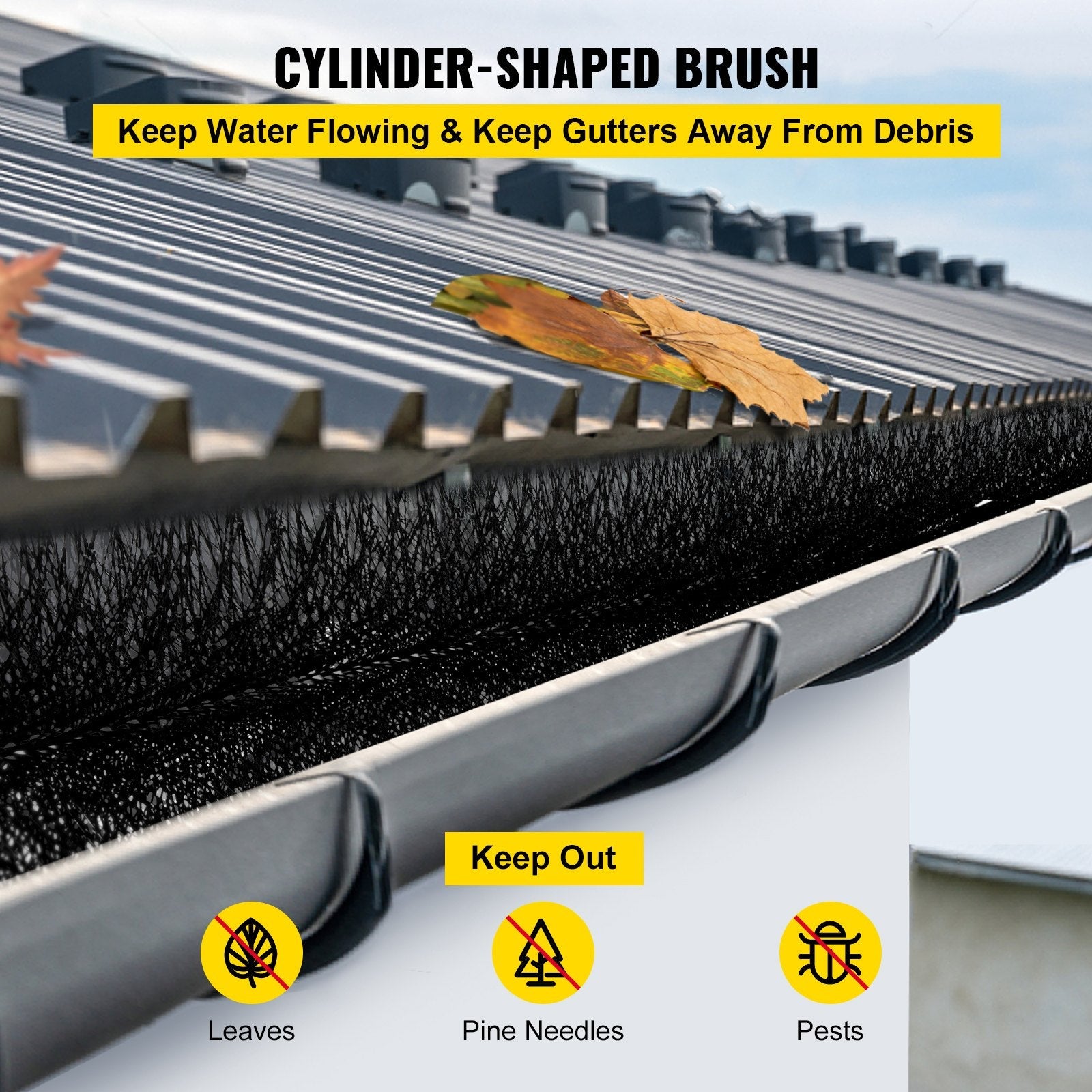 VEVOR Gutter Guard Brush With 120 FT Length Bristle, 4.33" Dia. Gutter Brush Leaf Guard Fit for 5 Inches Gutter, Galvanized Steel Wire Gutter Brush, No Tools, DIY Gutter Leaf Guard for Keep out Debris