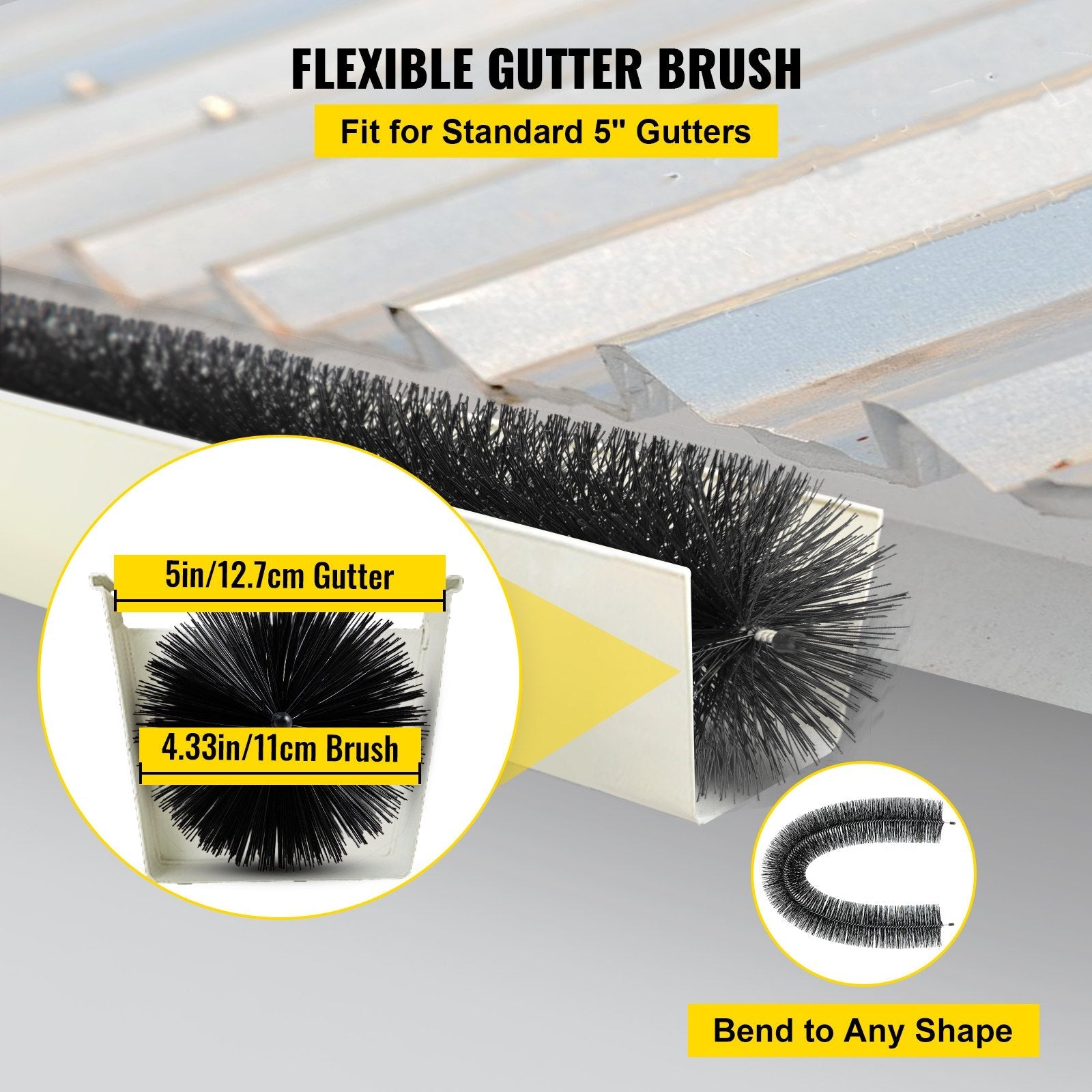 VEVOR Gutter Guard Brush With 120 FT Length Bristle, 4.33" Dia. Gutter Brush Leaf Guard Fit for 5 Inches Gutter, Galvanized Steel Wire Gutter Brush, No Tools, DIY Gutter Leaf Guard for Keep out Debris