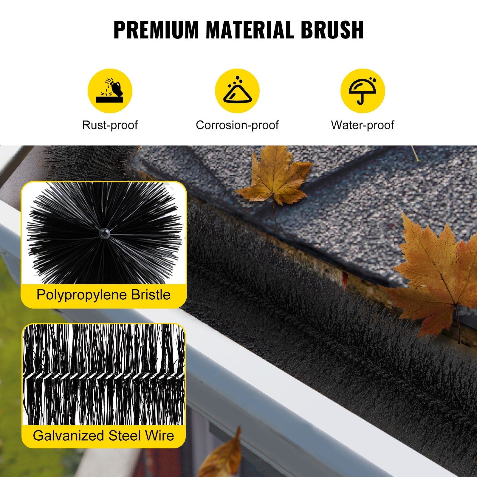 VEVOR Gutter Guard Brush With 30 FT Length Bristle, 4.33"(Dia) Gutter Brush Leaf Guard Fit for 5 Inches Gutter, Galvanized Steel Wire Gutter Brush, No Tools, DIY Gutter Leaf Guard for Keep out Debris
