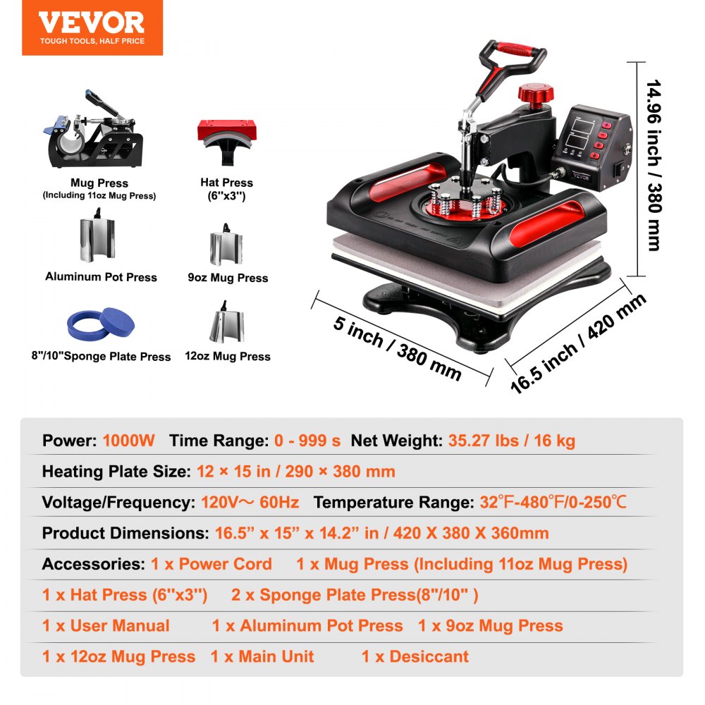 VEVOR Heat Press Machine 15 x 15 Inch 8 in 1 Heat Press 800W Sublimation Machine 360° Rotation Swing Away 8 in 1 Shirt Printing Machine Dual-Tube Heating for DIY T-Shirts Cap & Mugs Blue