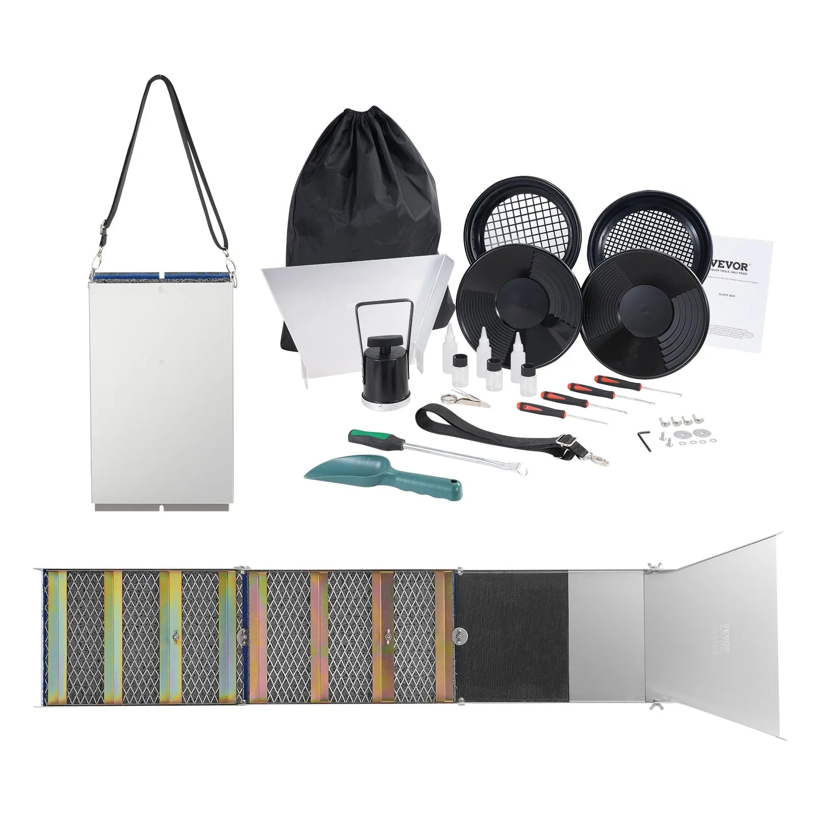 VEVOR Gold Panning Kit With Sluice Box, 50" Aluminum Gold Mining Equipment, 23 PCS Gold Prospecting Kit with Gold Pan, Classifier Screen, Separating Magnet, Drawstring Backpack and Accessories
