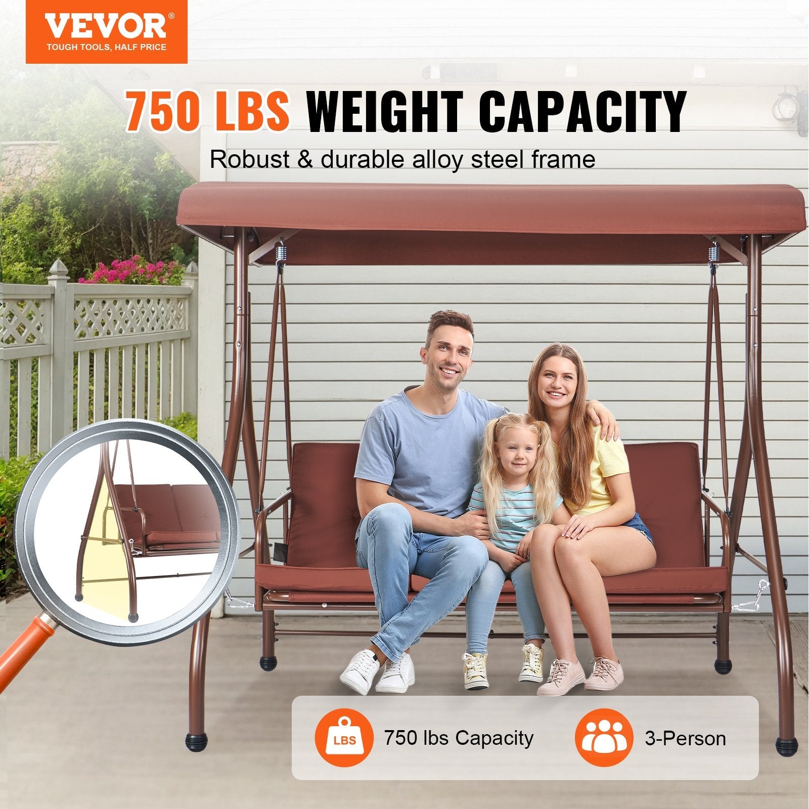 VEVOR 3-Seat Patio Swing Chair, Converting Canopy Swing, Outdoor Patio Porch with Adjustable Canopy, Removable Thick Cushion and Alloy Steel Frame, for Balcony, Backyard, Poolside, Brown