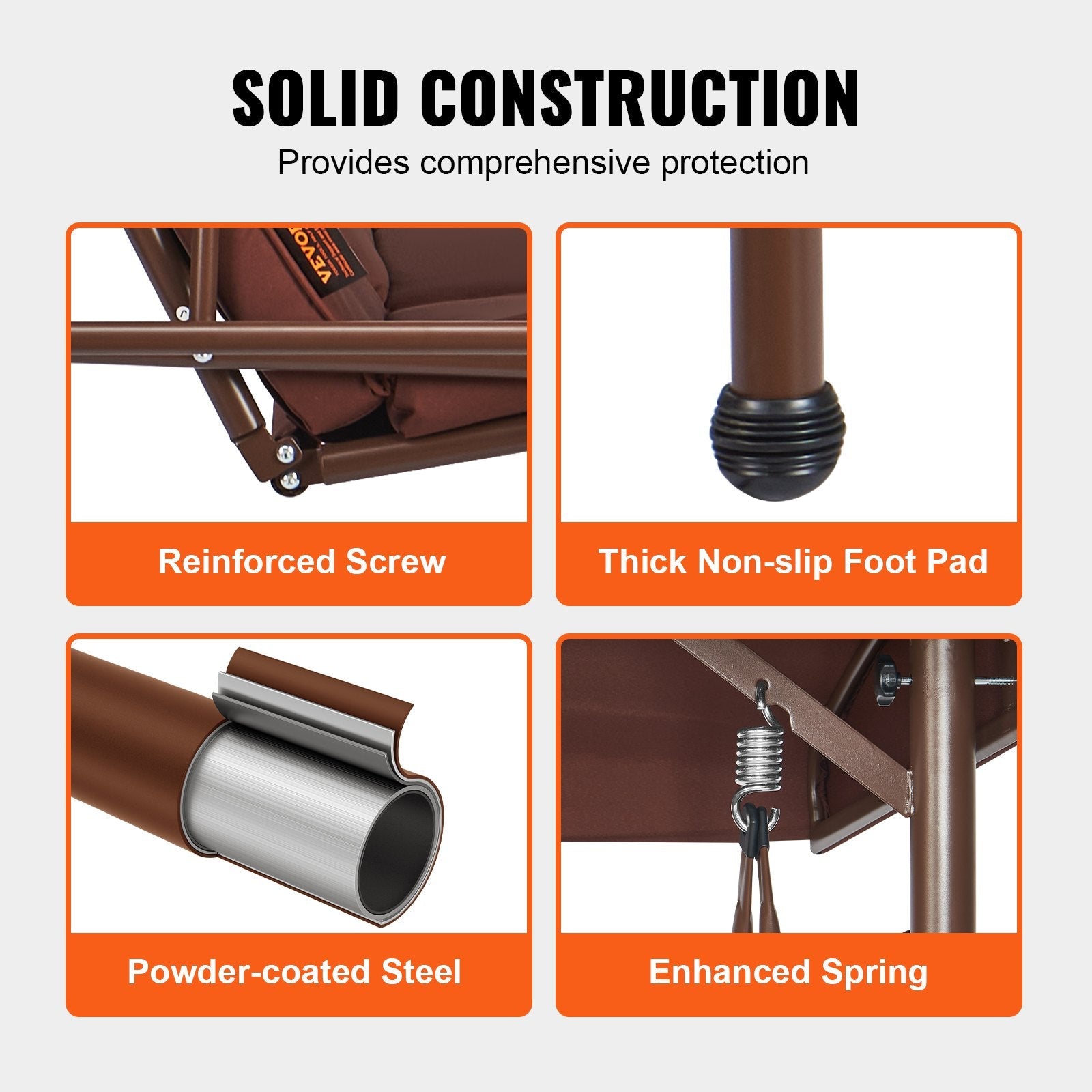 VEVOR 3-Seat Patio Swing Chair, Converting Canopy Swing, Outdoor Patio Porch with Adjustable Canopy, Removable Thick Cushion and Alloy Steel Frame, for Balcony, Backyard, Poolside, Brown