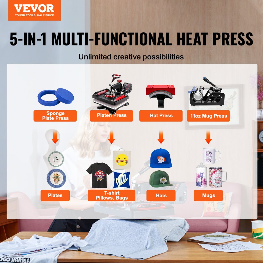 VEVOR Heat Press Machine 12x15, 800W Heat Press for Sublimation 5 in 1 Combo, Dual Digital Heat Press Transfer, Uniform Heat, Anti-Scald Cover, Vinyl Transfer Printer for T Shirts Mug Cap Plate, Red