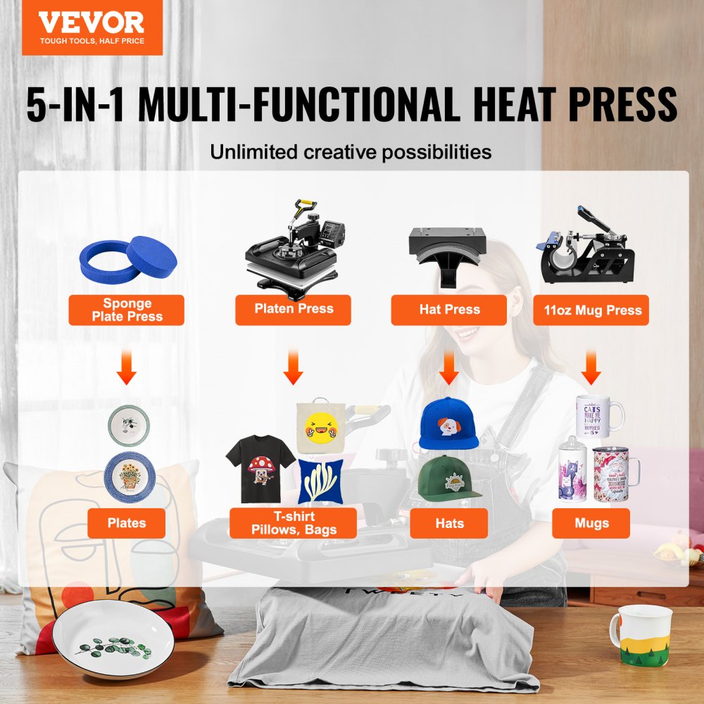 VEVOR Pro Heat Press Machine, 12 x 15 Inches, Fast Heating, 5 in 1 Combo 360 Swing Away Digital Sublimation T-Shirt Vinyl Transfer Printer with Anti-Scald Surface, Hat, Mug, Plate, ETL Listed, Black
