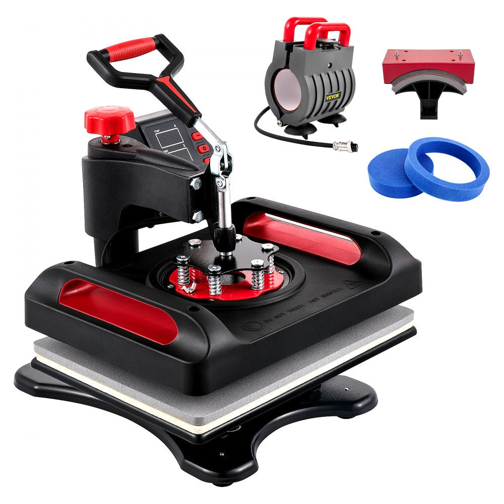 VEVOR Heat Press 15x15, Upgraded Heat Press Machine 5 in 1, Anti-Scald, Fast-Heating, Swing Away Digital Control Multifunction Heat Press for Sublimation Combo for T-Shirt Hat Cap Mug Plate, Red