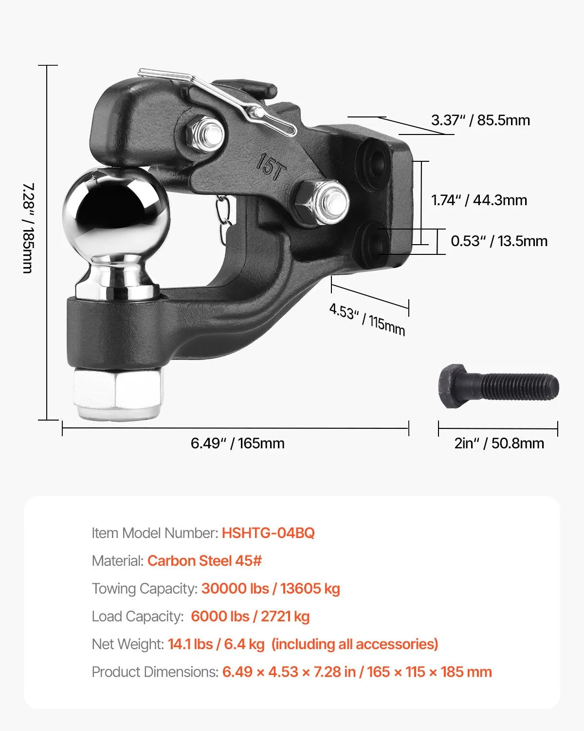 VEVOR Pintle Hitch 2-5/16" Mount Hitch Ball for 2.5"-3" Lunette Ring 30000 lbs
