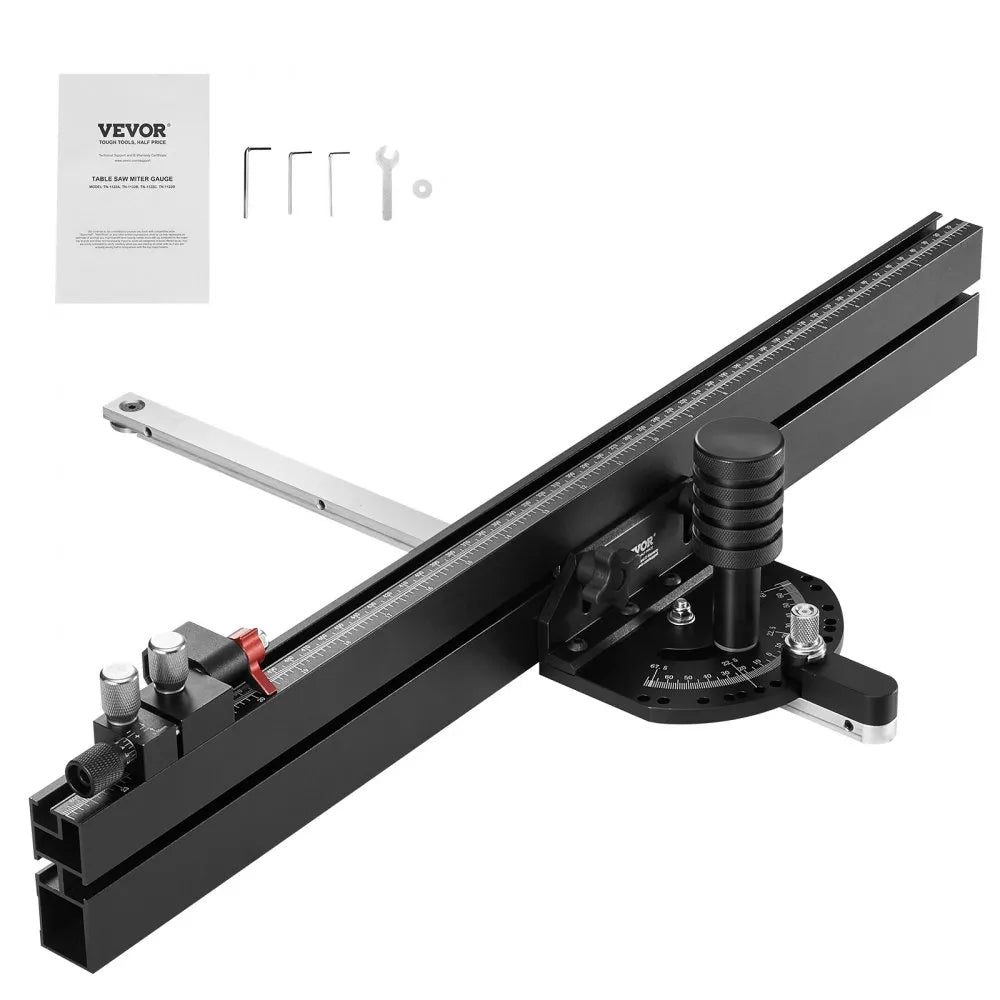 VEVOR Precision Miter Gauge, Standard Slot 3/4'' x 3/8'', Aluminum Alloy Table Saw Miter Gauge with 24 in Grating 15 Angle Stops Adjustable Spring Loaded Plunger and Removable Disc, for Woodworking