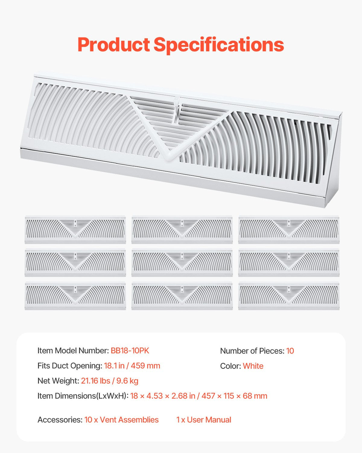 VEVOR Floor Registers 18-Inch 10-Pack Floor Vents for HVAC Baseboard Vents White