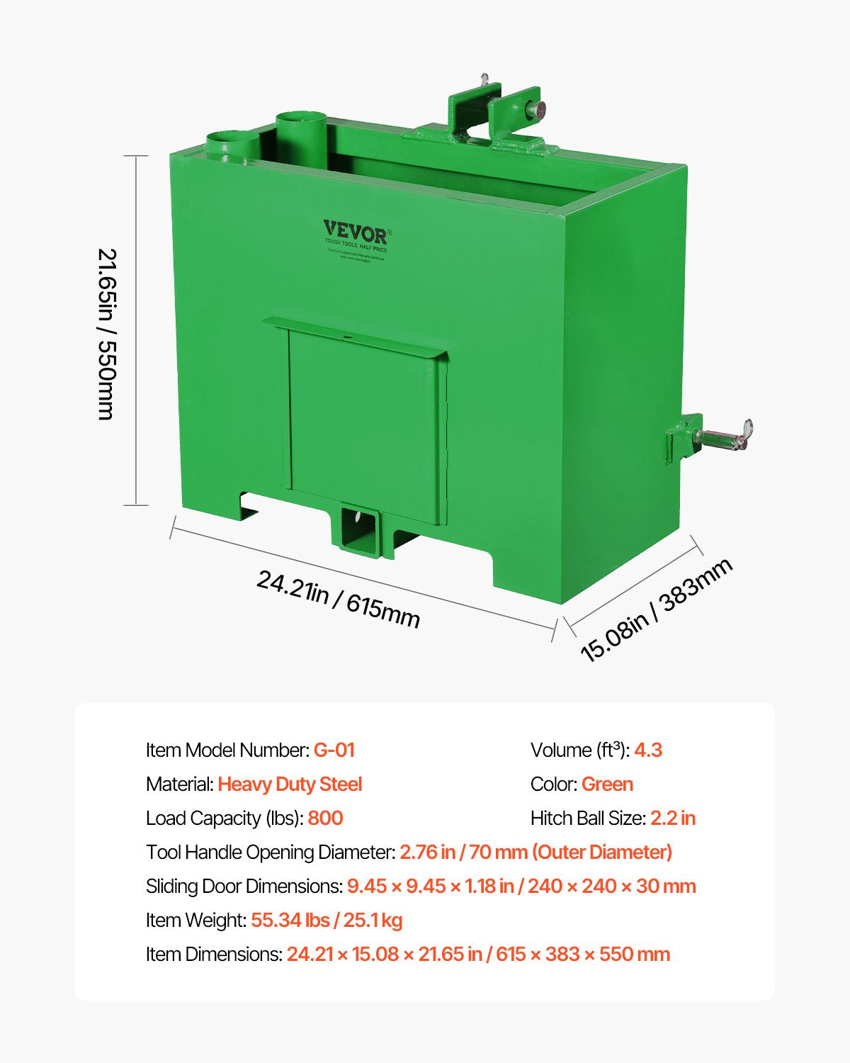 VEVOR Ballast Box 3 Point Category 1 Tractor Easy Tach Hitch Counterweight Green