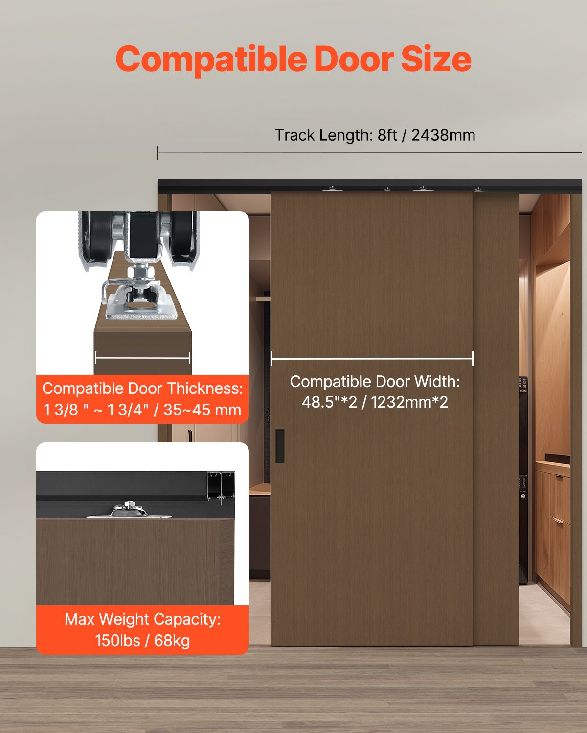 VEVOR Bypass Door Hardware 8ft Bypass Closet Door Track Kit for 2 Door System