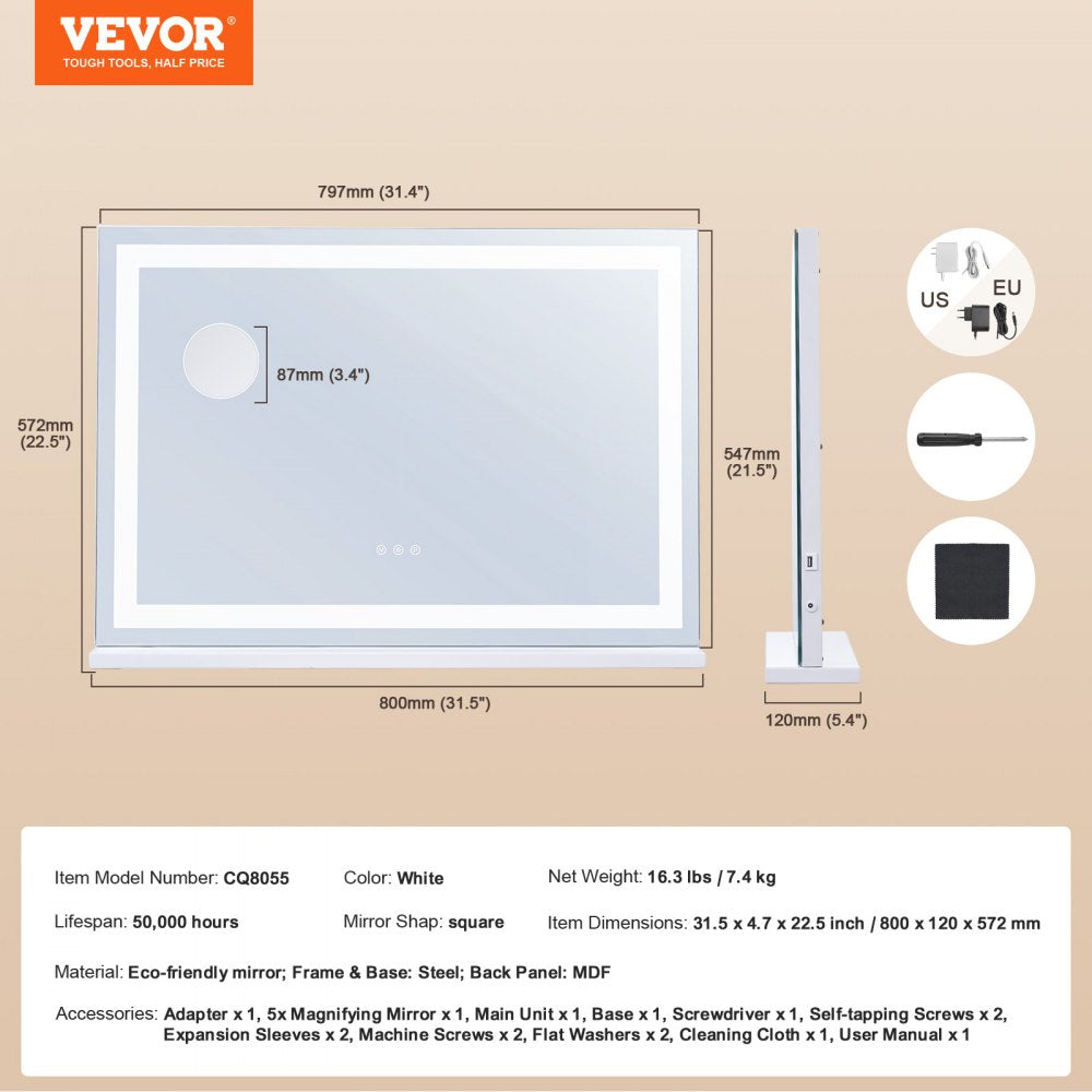 VEVOR Lighted Makeup Mirror 3 Color Vanity w/ USB Desktop Wall-mount 31.5x21.7in