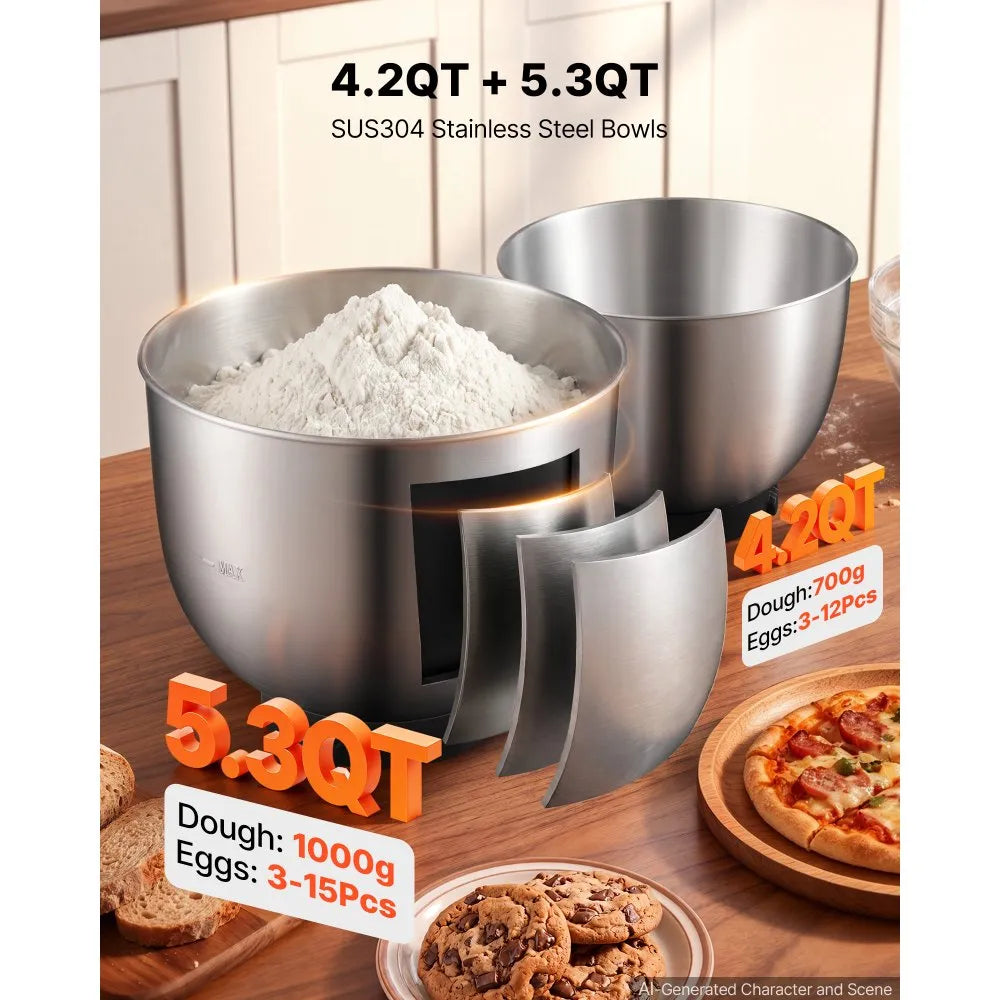 5.3 + 4.2 Qt Tilt-Head Stand Mixer – 400W Electric Kitchen Mixer with Stainless Steel Bowls