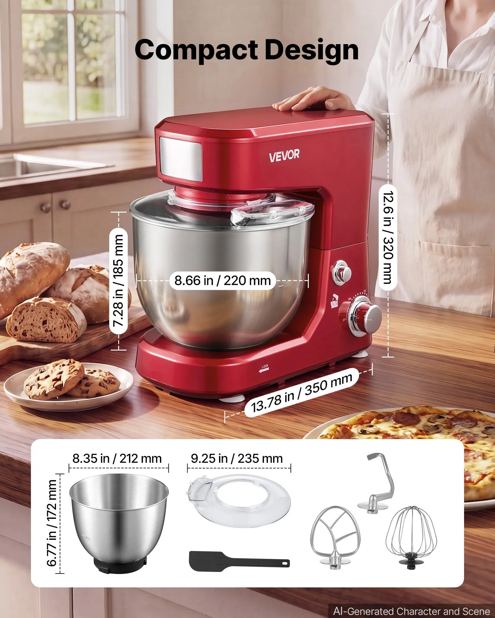 5.3 + 4.2 Qt Tilt-Head Stand Mixer – 400W Electric Kitchen Mixer with Stainless Steel Bowls