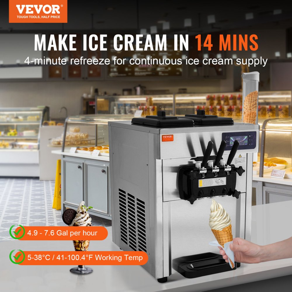 VEVOR Commercial Ice Cream Machine, 18-28 L/H Yield, 1850W 3-Flavor Countertop Soft Serve Ice Cream Maker, 2 x 5.5L Stainless Steel Cylinder, LED Panel Auto Clean Pre-cooling, for Restaurant Bars