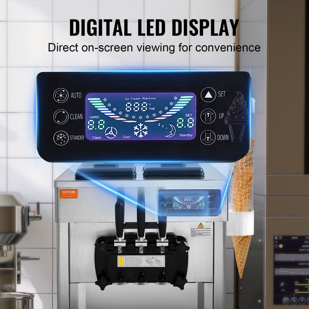 VEVOR Commercial Ice Cream Machine, 18-28 L/H Yield, 1850W 3-Flavor Countertop Soft Serve Ice Cream Maker, 2 x 5.5L Stainless Steel Cylinder, LED Panel Auto Clean Pre-cooling, for Restaurant Bars