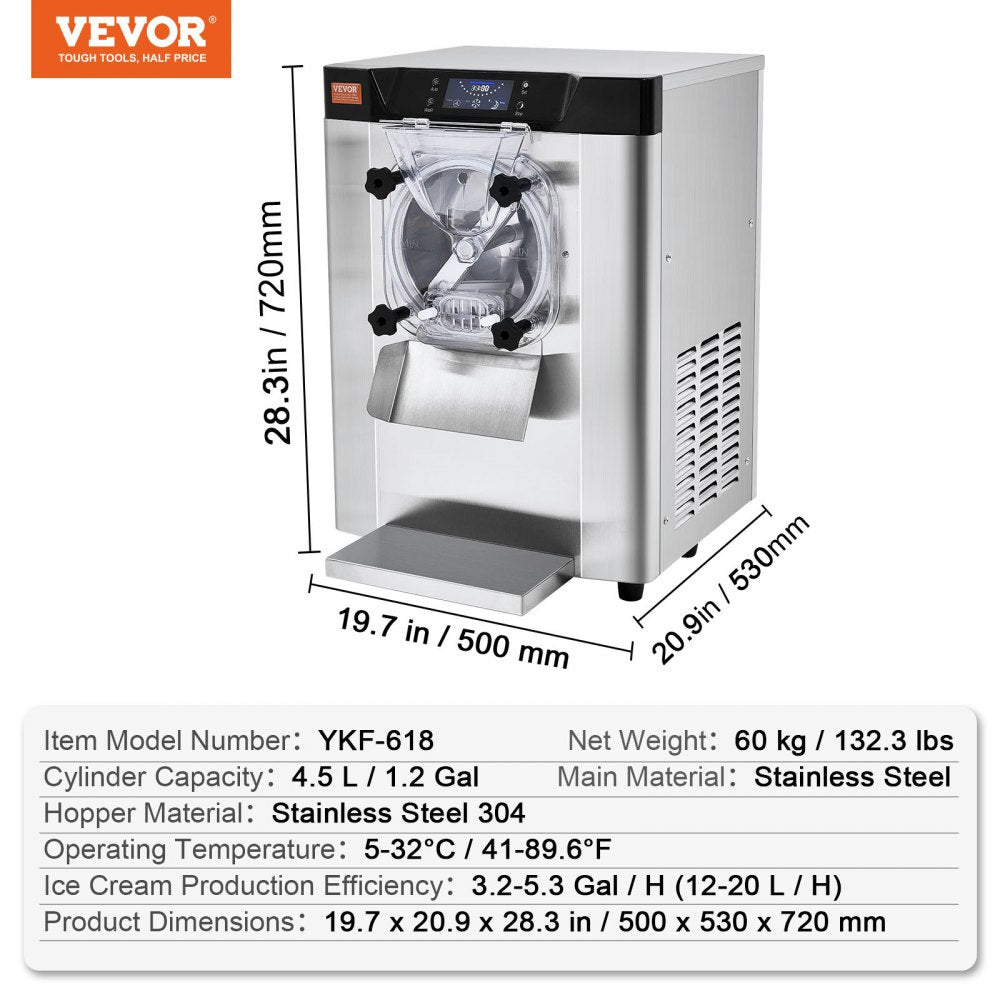 VEVOR Commercial Ice Cream Machine, 12 L/H Yield, 1713W Single Flavor Countertop Hard Serve Ice Cream Maker, 4.5L Stainless Steel Cylinder, LED Panel Auto Clean Pre-cooling, for Restaurant Snack Bars
