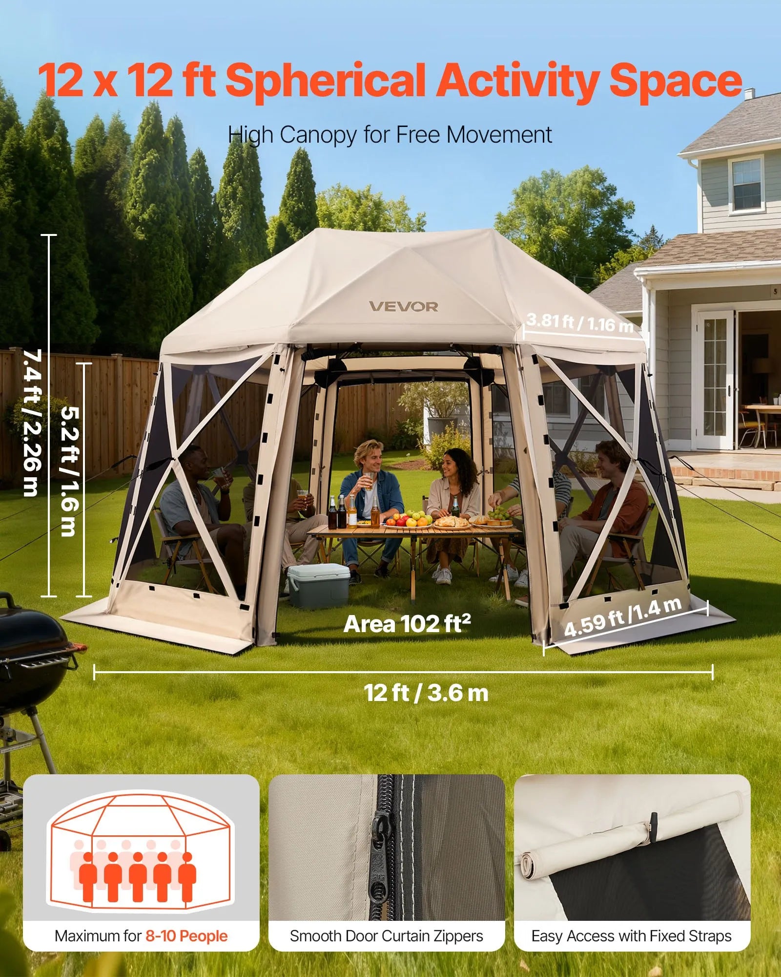 VEVOR Pop up Gazebo Screen Tent, 12 x 12 ft, 13-Sided Spherical Camping Canopy Tent with Removable Top & Carry Bag, Quick-Set & Bite-Proof, Screen House Sun Shelter for 8-10 Persons, Beige