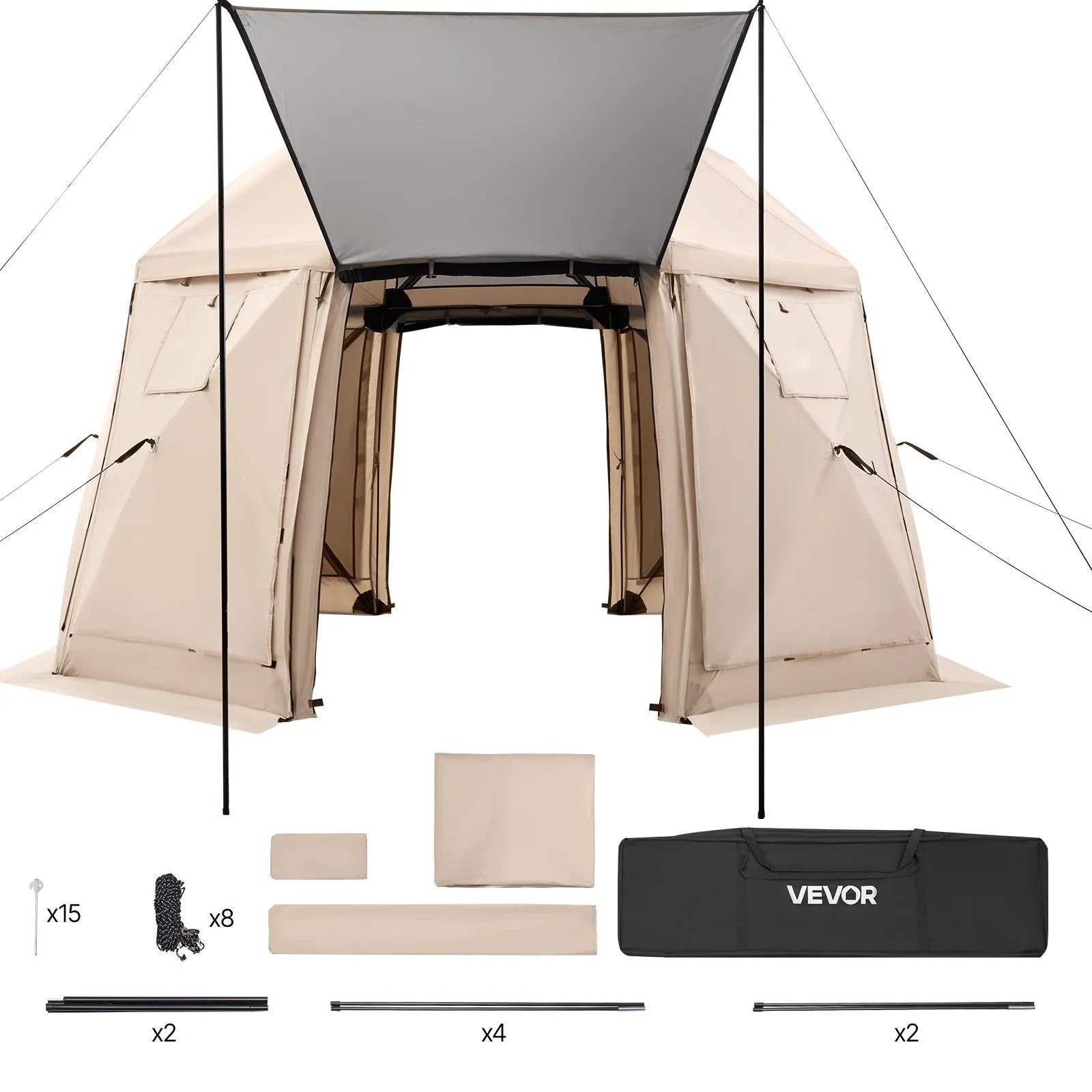 VEVOR Pop up Gazebo Screen Tent, 12 x 12 ft, 13-Sided Spherical Camping Canopy Tent with Removable Top & Carry Bag, Quick-Set & Bite-Proof, Screen House Sun Shelter for 8-10 Persons, Beige