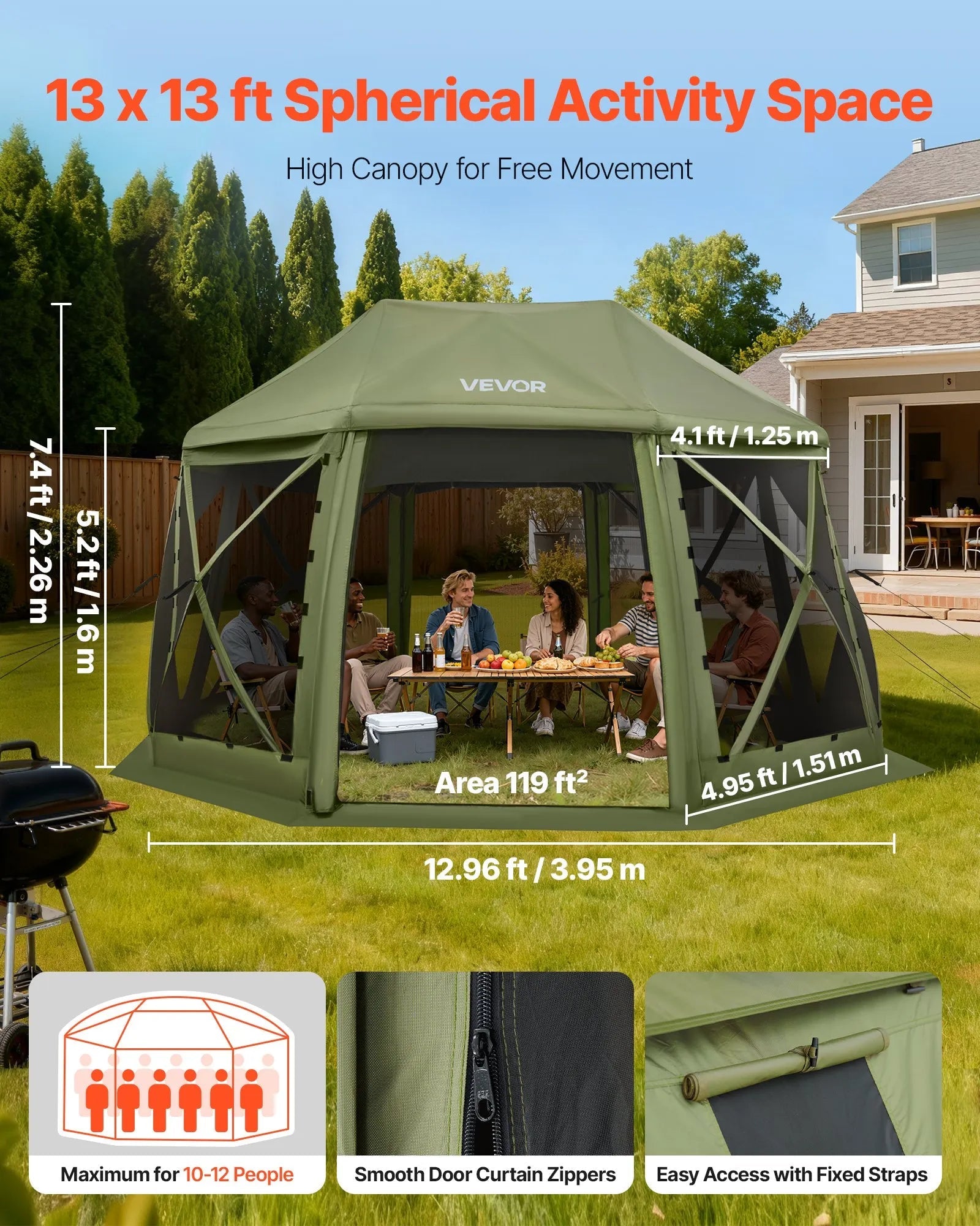 VEVOR Pop up Gazebo Screen Tent, 13 x 13 ft, 13-Sided Spherical Camping Canopy Tent with Removable Top & Carry Bag, Quick-Set & Bite-Proof, Screen House Sun Shelter for 10-12 Persons, Green