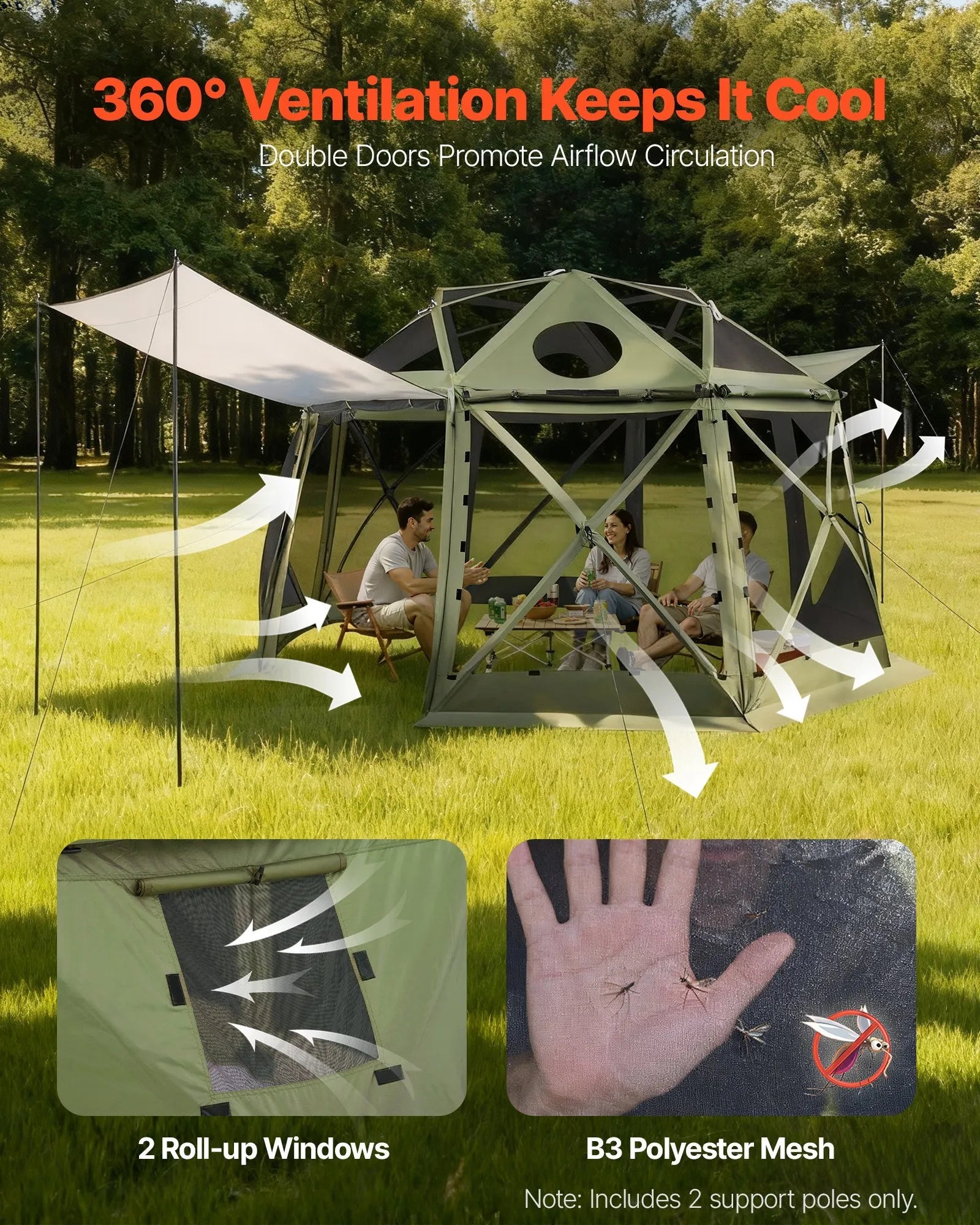 VEVOR Pop up Gazebo Screen Tent, 13 x 13 ft, 13-Sided Spherical Camping Canopy Tent with Removable Top & Carry Bag, Quick-Set & Bite-Proof, Screen House Sun Shelter for 10-12 Persons, Green