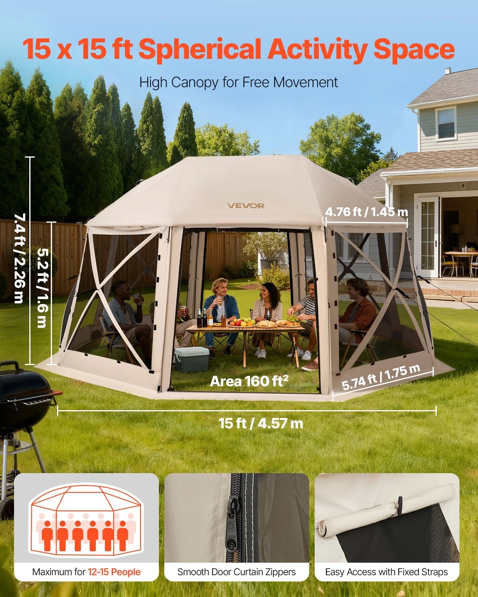 VEVOR Pop up Gazebo Screen Tent, 15 x 15 ft, 13-Sided Spherical Camping Canopy Tent with Removable Top & Carry Bag, Quick-Set & Bite-Proof, Screen House Sun Shelter for 12-15 Persons, Beige