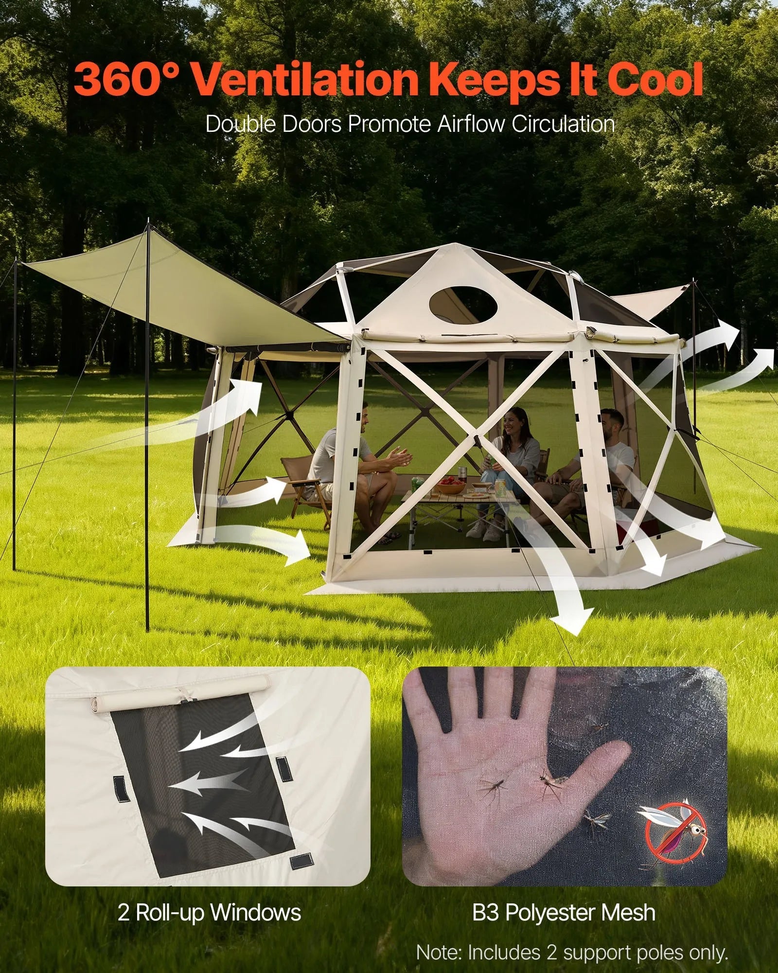 VEVOR Pop up Gazebo Screen Tent, 15 x 15 ft, 13-Sided Spherical Camping Canopy Tent with Removable Top & Carry Bag, Quick-Set & Bite-Proof, Screen House Sun Shelter for 12-15 Persons, Beige