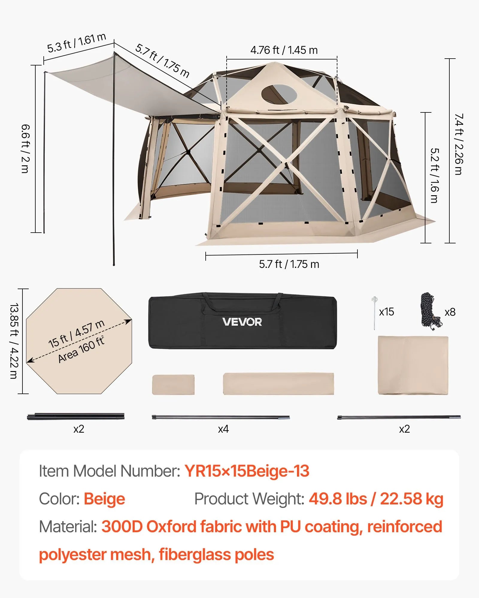 VEVOR Pop up Gazebo Screen Tent, 15 x 15 ft, 13-Sided Spherical Camping Canopy Tent with Removable Top & Carry Bag, Quick-Set & Bite-Proof, Screen House Sun Shelter for 12-15 Persons, Beige