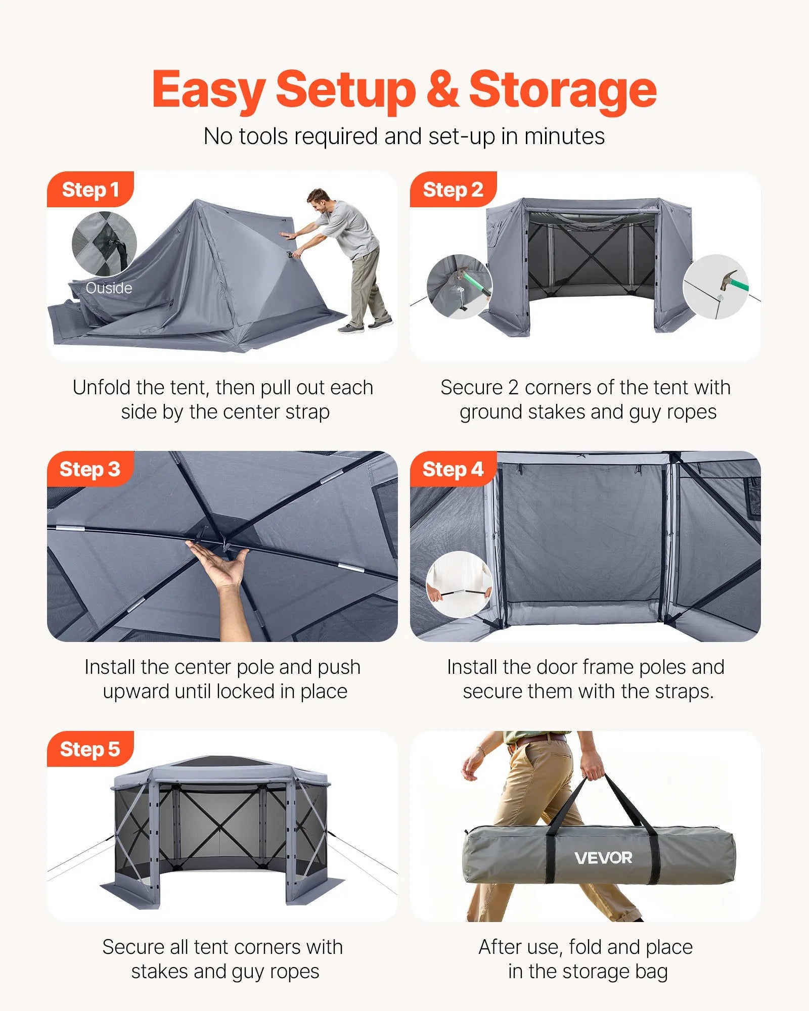 VEVOR Pop up Gazebo Screen Tent, 12 x 12 ft Large 6-Sided Camping Canopy Tent with Removable Top & Carry Bag, Quick-Set & Bite-Proof, Screen House Sun Shelter for 8-10 Persons Backyard Patio, Grey