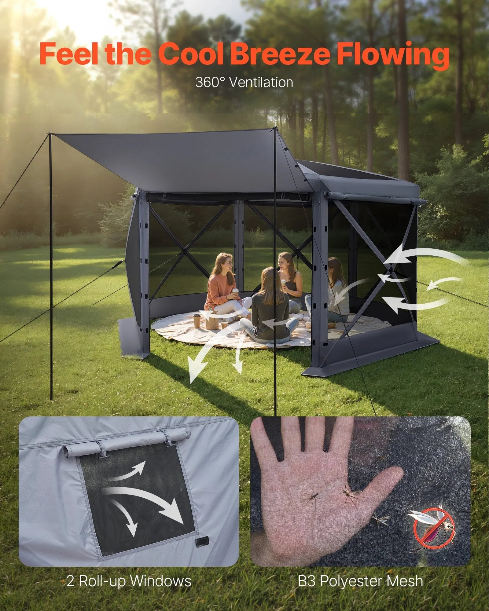 VEVOR Pop up Gazebo Screen Tent, 12 x 12 ft Large 6-Sided Camping Canopy Tent with Removable Top & Carry Bag, Quick-Set & Bite-Proof, Screen House Sun Shelter for 8-10 Persons Backyard Patio, Grey