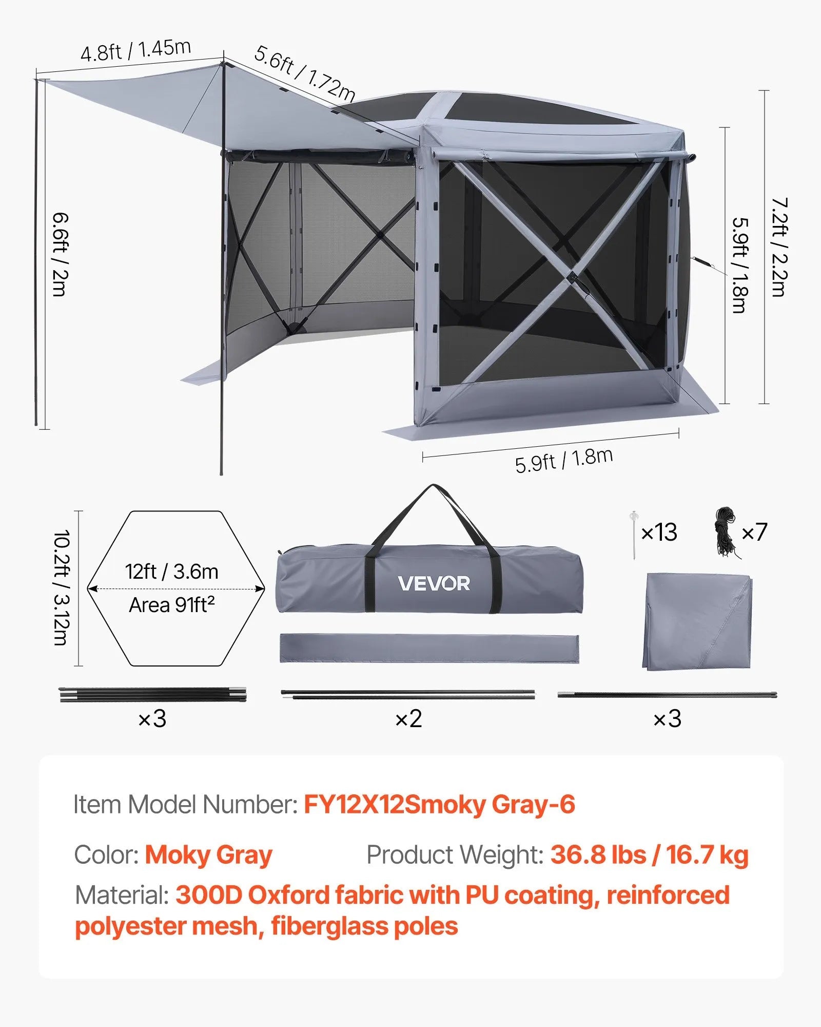 VEVOR Pop up Gazebo Screen Tent, 12 x 12 ft Large 6-Sided Camping Canopy Tent with Removable Top & Carry Bag, Quick-Set & Bite-Proof, Screen House Sun Shelter for 8-10 Persons Backyard Patio, Grey