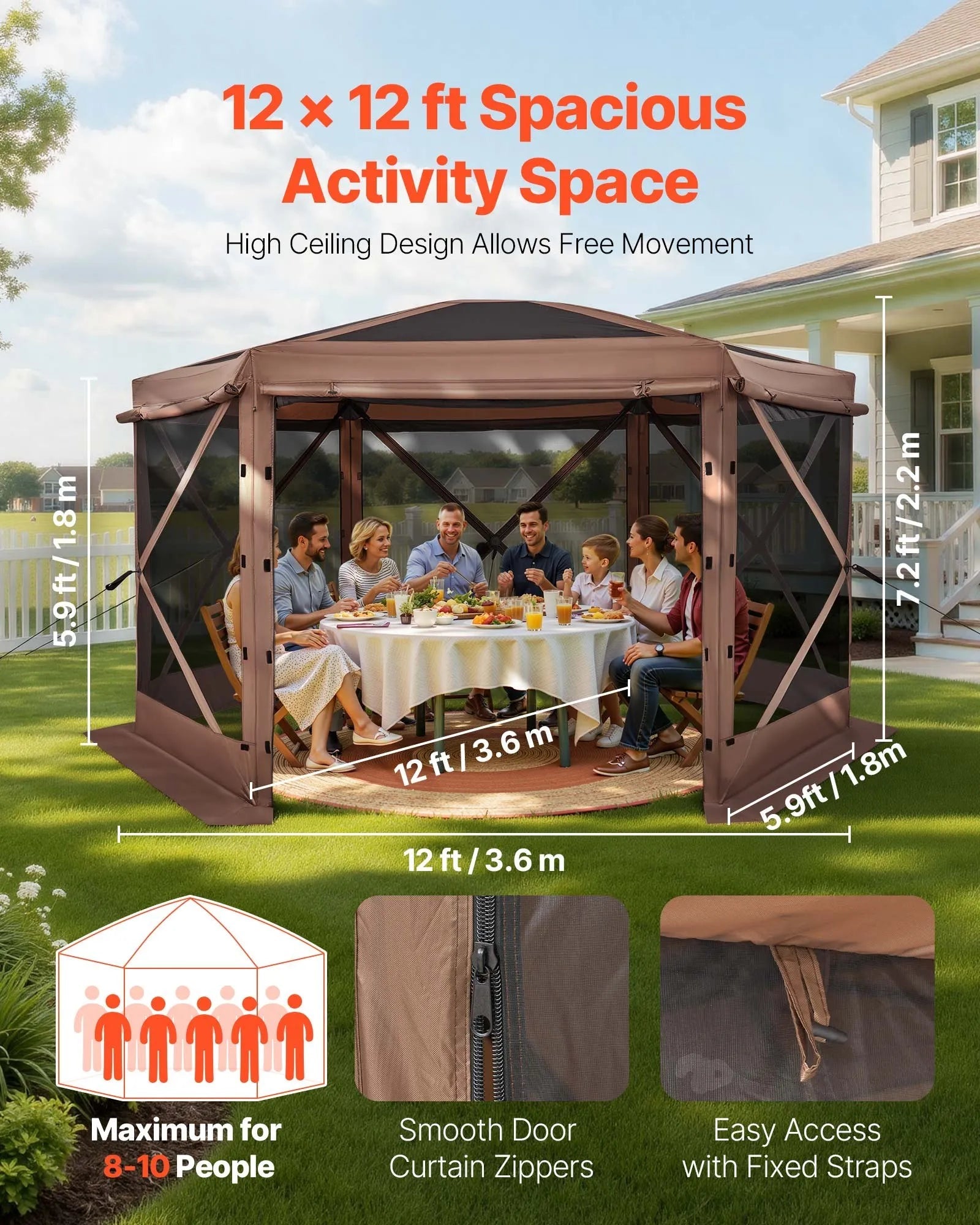 VEVOR Pop up Gazebo Screen Tent, 12 x 12 ft Large 6-Sided Camping Canopy Tent with Removable Top & Carry Bag, Quick-Set & Bite-Proof, Screen House Sun Shelter for 8-10 Persons Backyard Patio, Brown