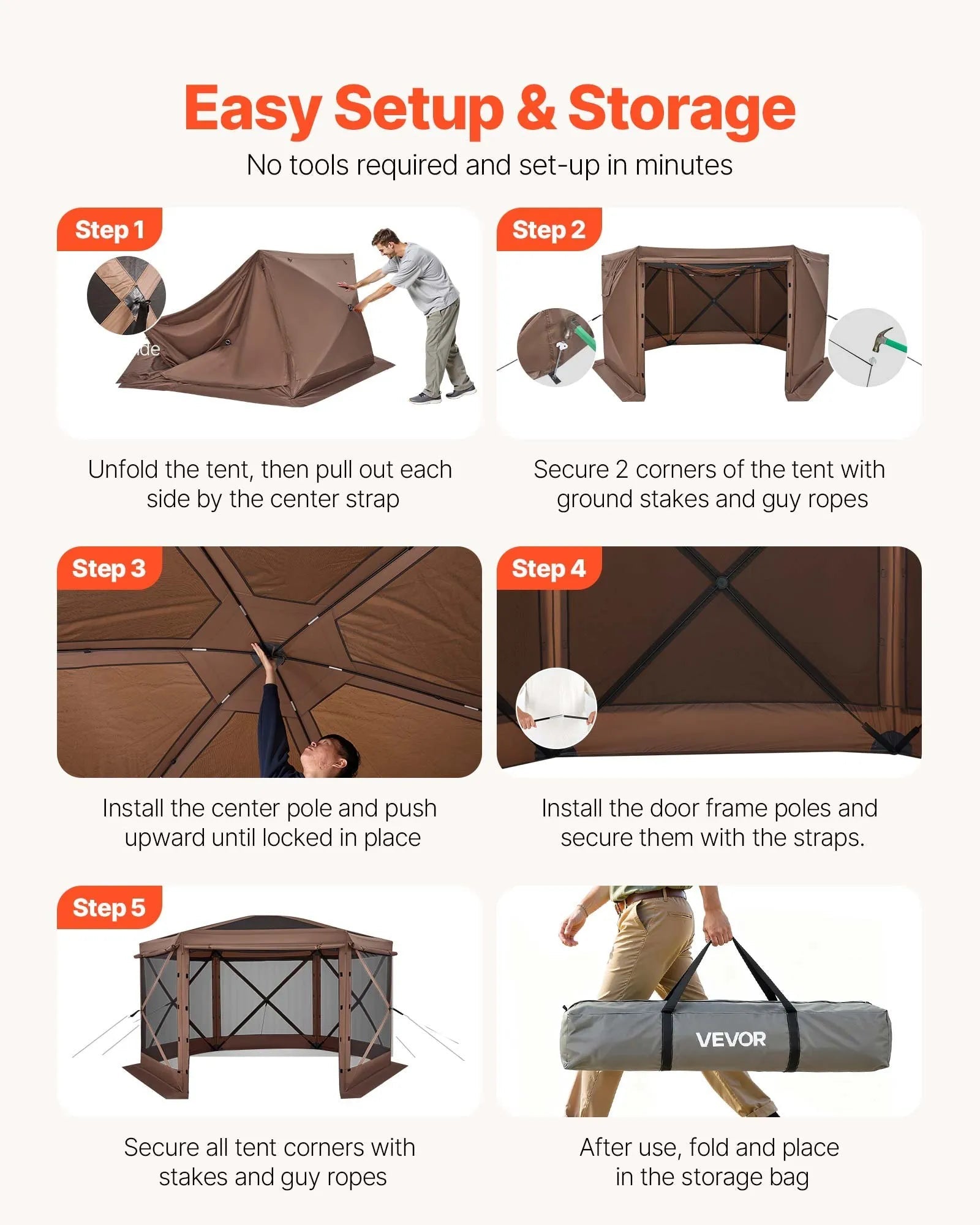 VEVOR Pop up Gazebo Screen Tent, 12 x 12 ft Large 6-Sided Camping Canopy Tent with Removable Top & Carry Bag, Quick-Set & Bite-Proof, Screen House Sun Shelter for 8-10 Persons Backyard Patio, Brown