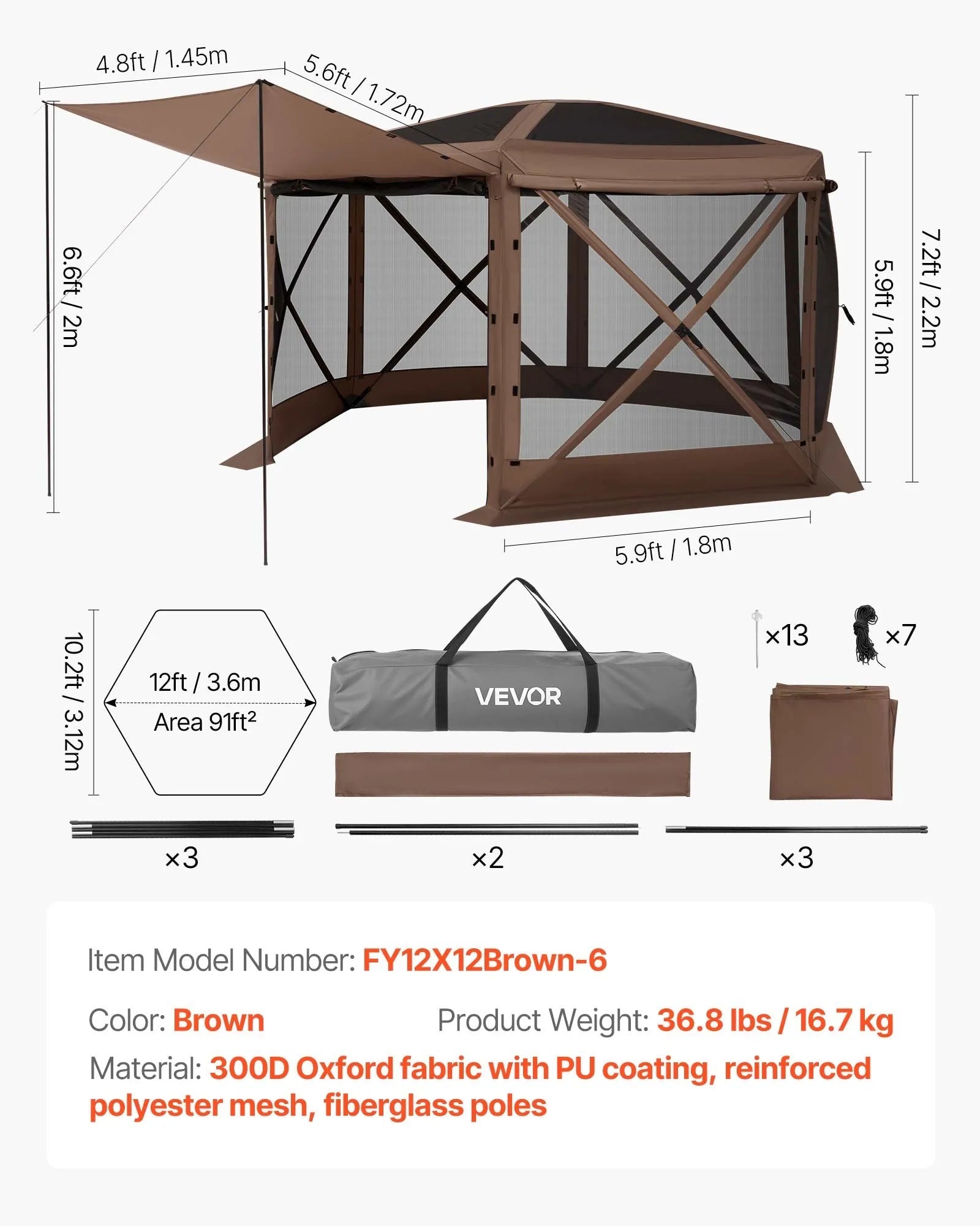 VEVOR Pop up Gazebo Screen Tent, 12 x 12 ft Large 6-Sided Camping Canopy Tent with Removable Top & Carry Bag, Quick-Set & Bite-Proof, Screen House Sun Shelter for 8-10 Persons Backyard Patio, Brown